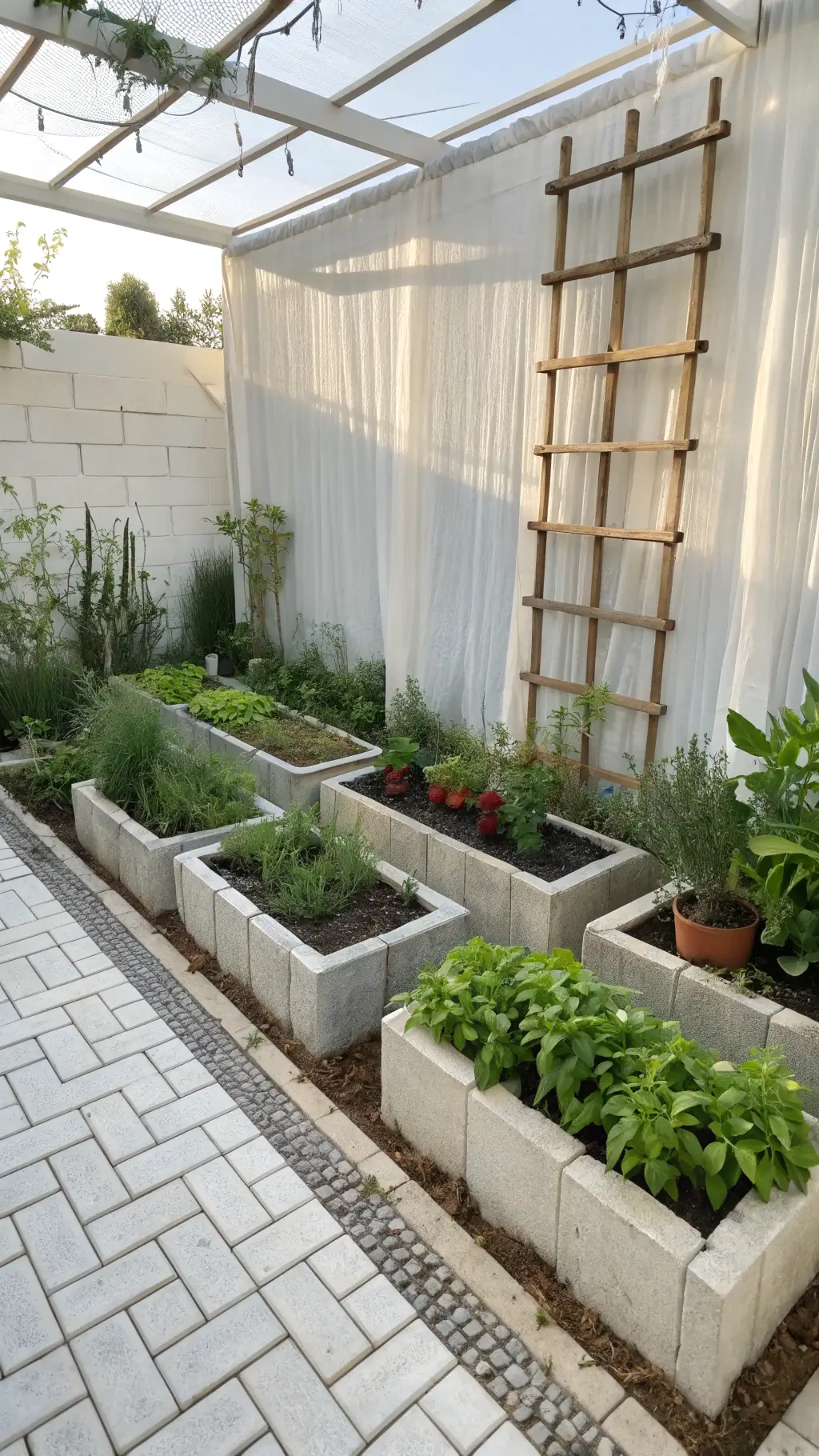Mediterranean-style herb garden with concrete block planters, terra cotta pots, white brick path, and jasmine climbing a ladder trellis under soft sunlight