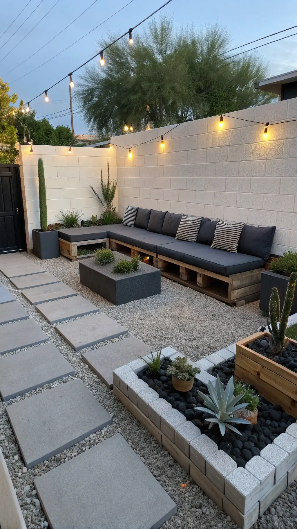 Modern minimalist lounge with low-profile pallet sectional, geometric planters, LED strip lighting, and monochromatic color scheme during blue hour
