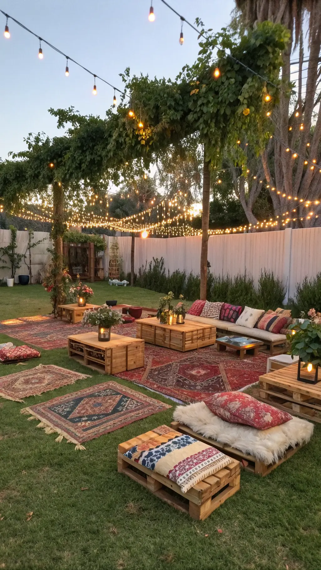 Bohemian social area with vintage rugs, reclaimed wood tables, macramé plant hangers, and string light canopy at golden hour
