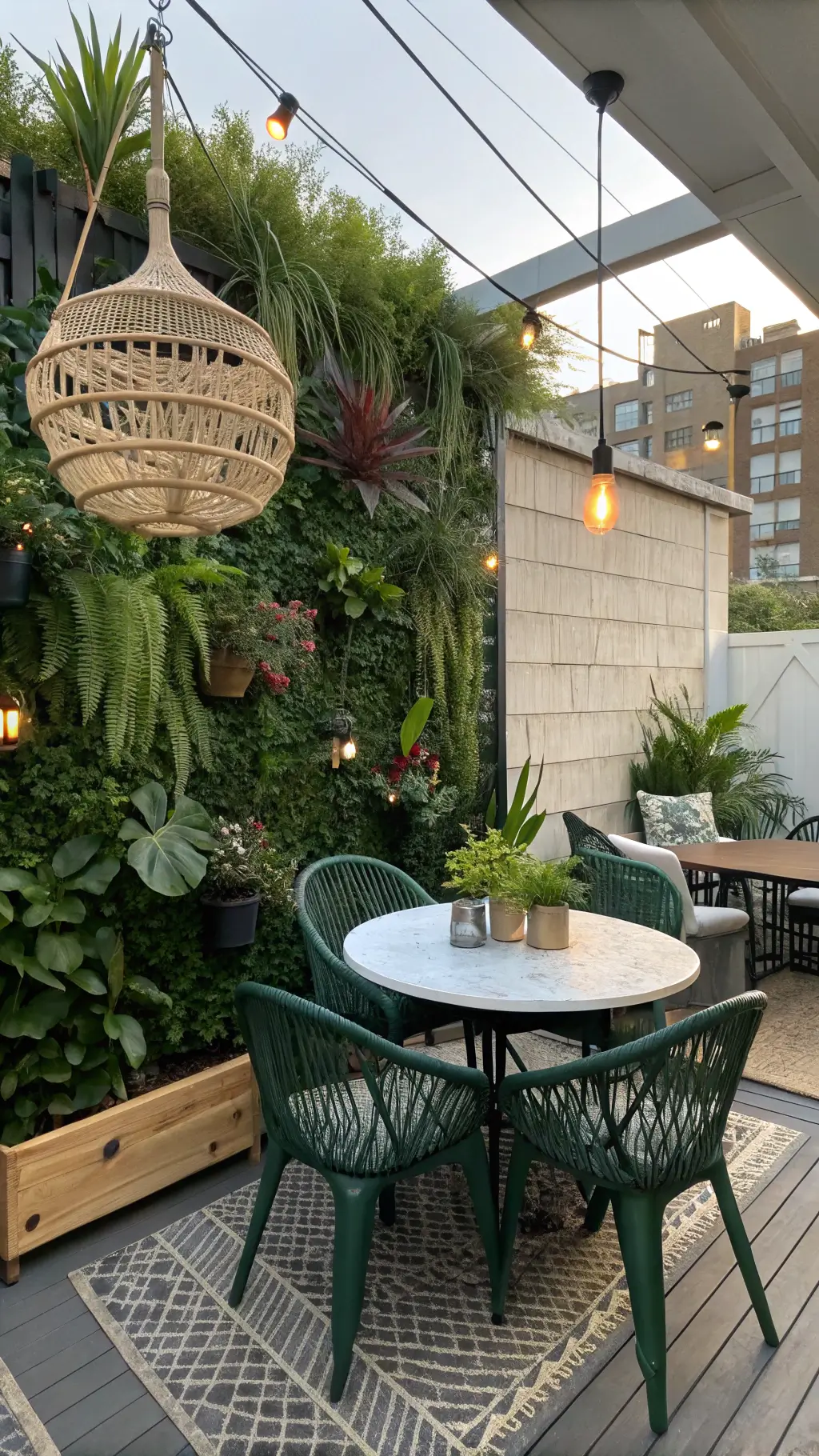 DIY living wall on a 12x14ft patio corner with restored vintage dining set, hanging basket chair, and solar paper lanterns in lush urban greenery