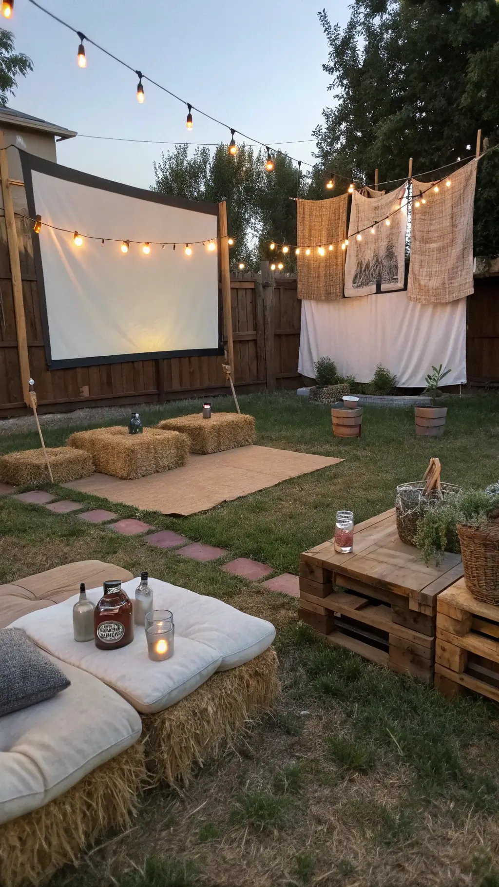 Rustic outdoor movie night setup with DIY projection screen, hay bale seating, mason jar drink station, solar path lights at dusk