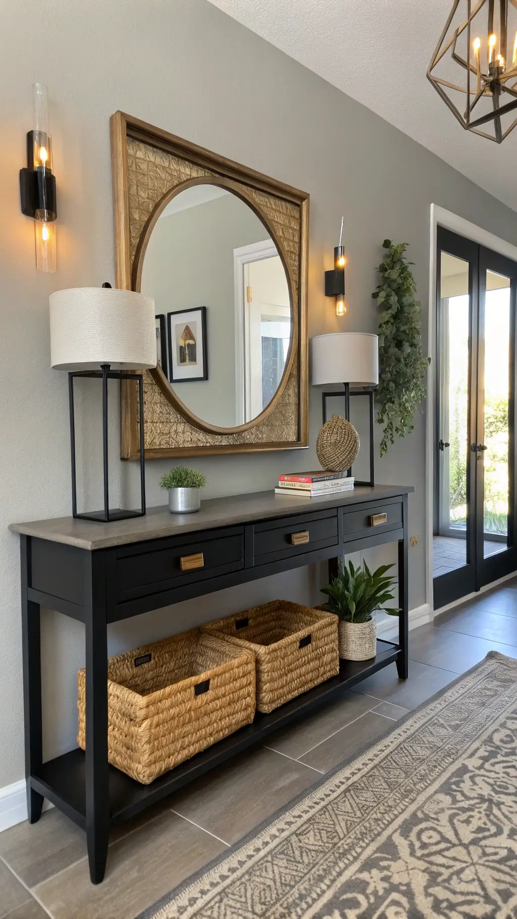 modern entryway with black console table, vintage brass mirror, wooden storage cubes, and wall basket art installation under warm led lighting against cool gray walls.