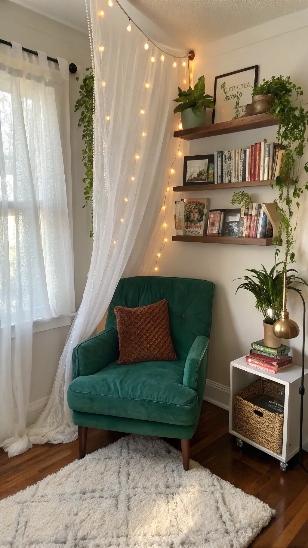 sunlit cozy bedroom corner with diy reading nook featuring an emerald green velvet armchair under string lights, surrounded by vintage books and plants on floating shelves, against exquisite macramé wall hanging soft cream rug hardwood floor.
