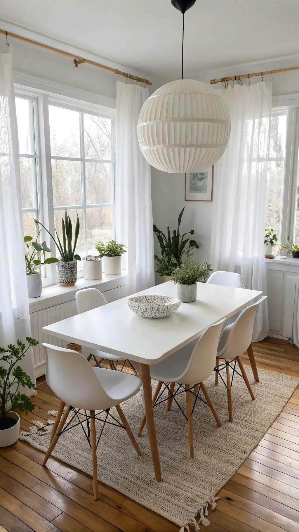 High-angle view of a minimalist, monochromatic dining area with Danish modern table, vintage chairs, oversized pendant lamp, snake plants on window sill, and natural light filtering through sheer curtains.