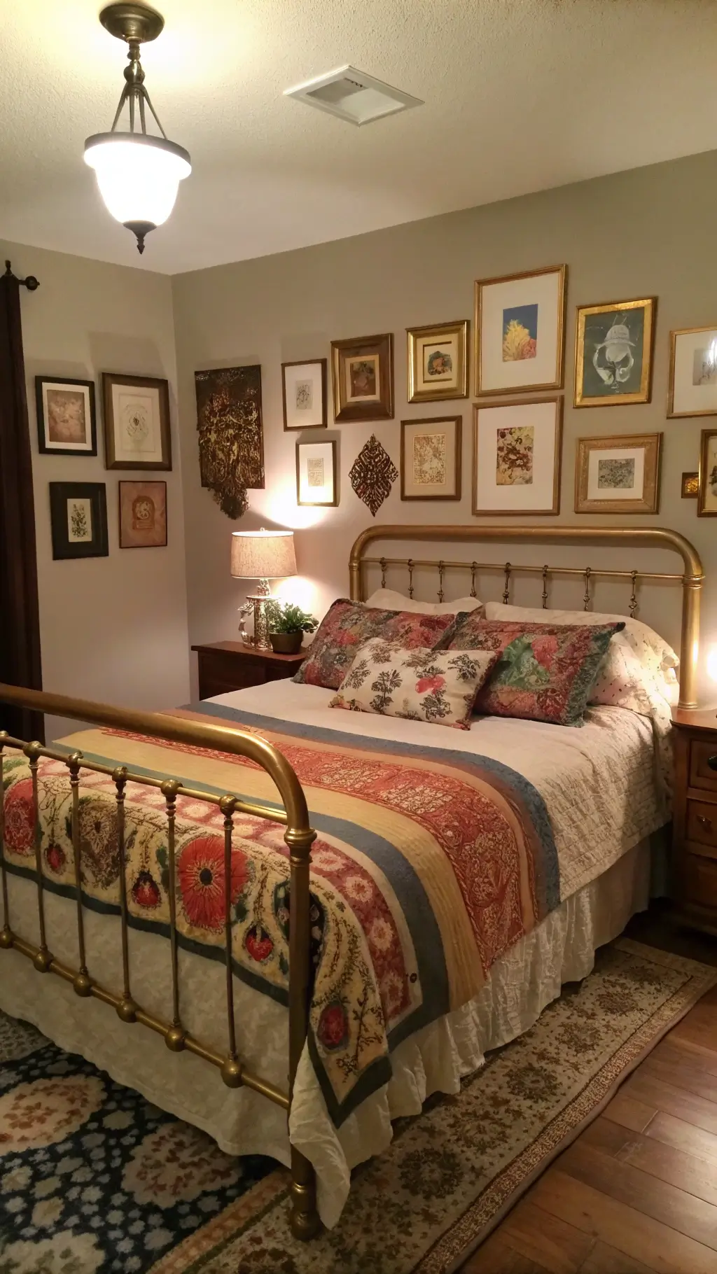 stylish eclectic bedroom with thrifted art gallery wall, vintage brass bed, diy floating nightstands, and layered global-inspired textiles under warm led lighting.