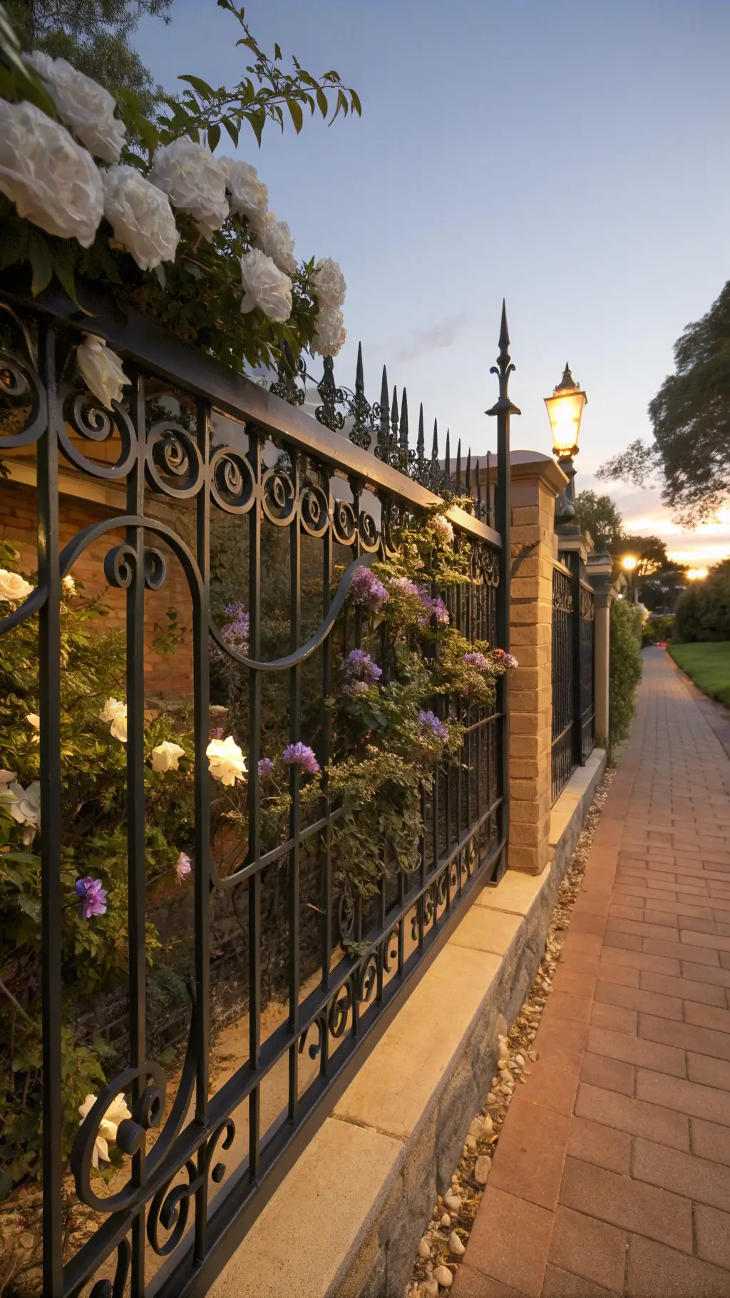 elegant wrought iron fence with victorian-inspired scrollwork, white roses, and purple wisteria at twilight