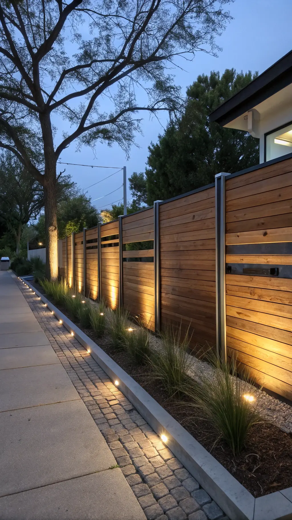 contemporary mixed-material fence with ipe wood panels, steel accents, led lighting, and container gardens, shot during blue hour