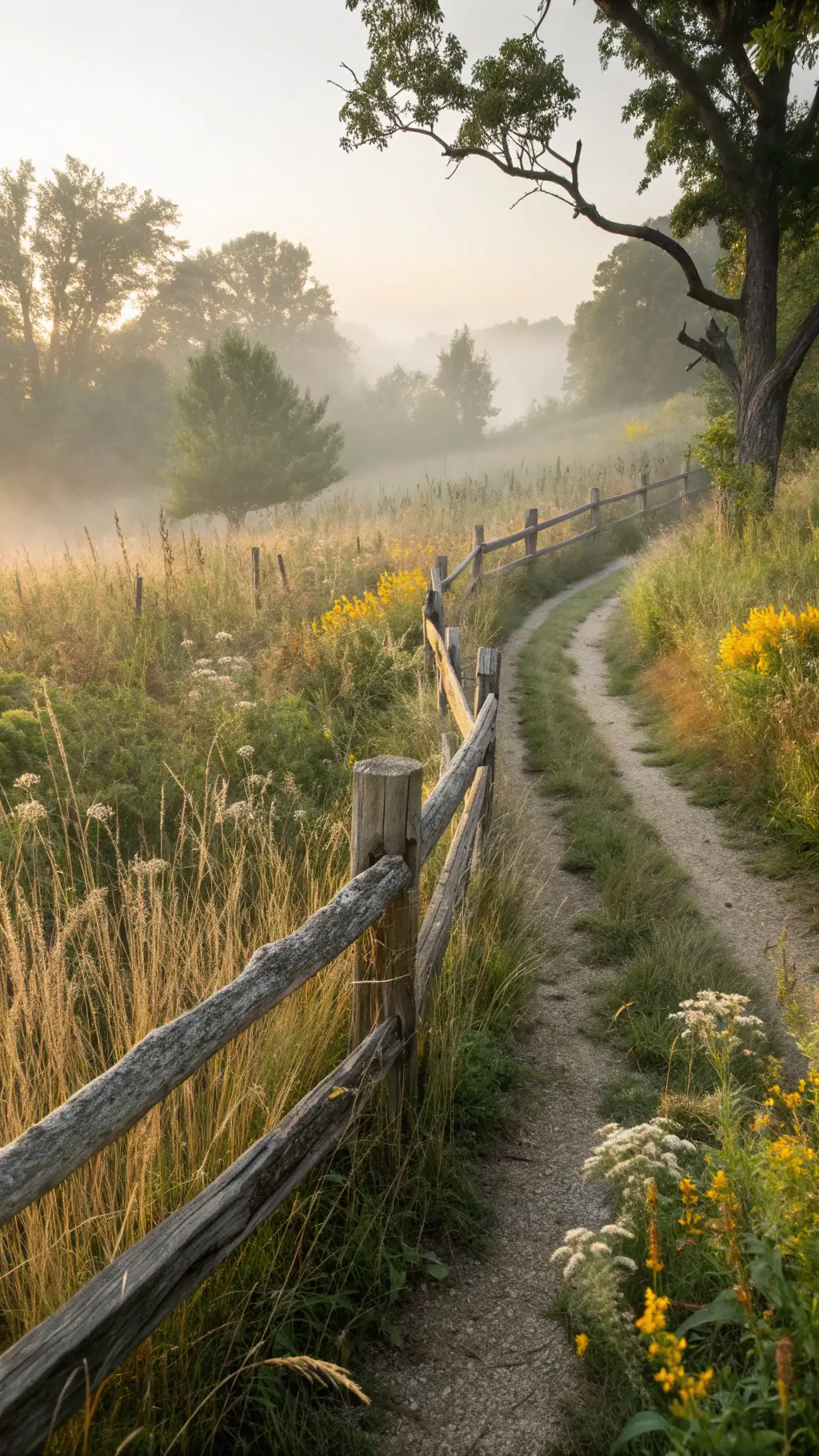 rustic split rail fence in native wildflower garden with spider webs, early morning fog and golden light, captured from low angle telephoto lens
