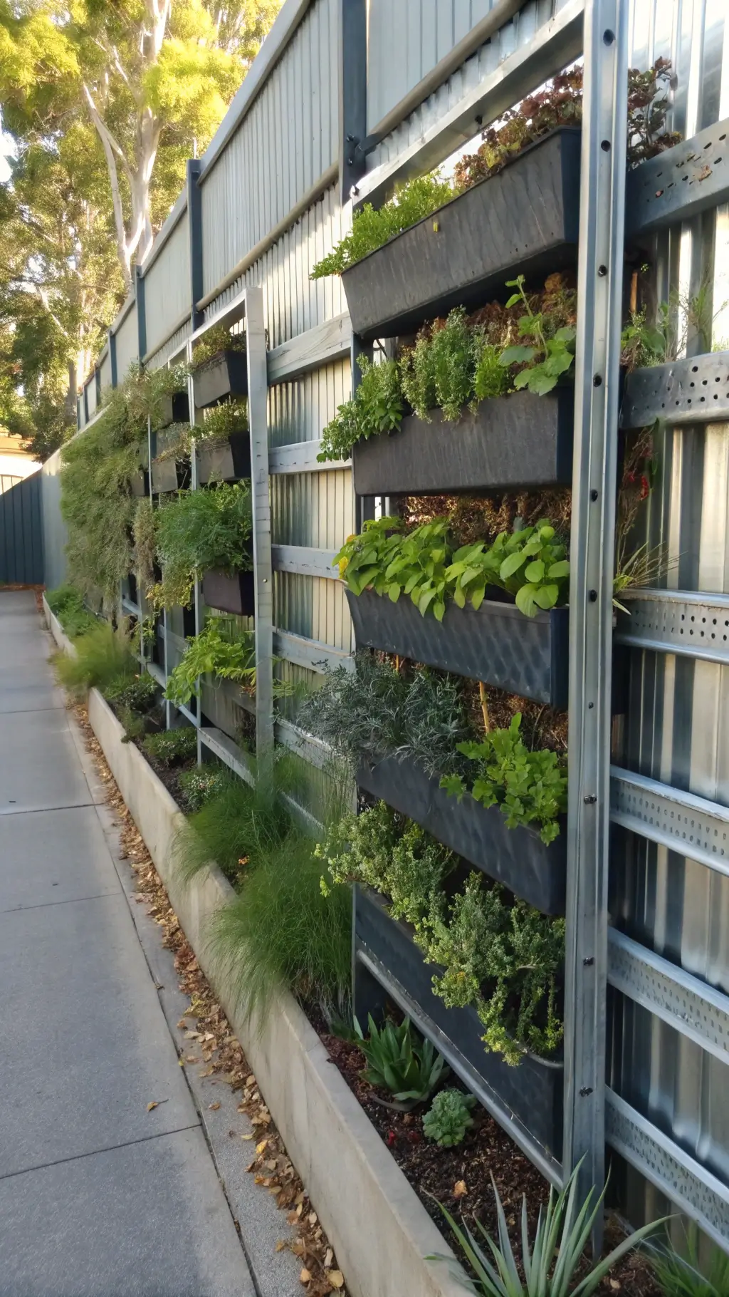 vertical garden fence with modular planting pockets filled succulents and herbs, supported by industrial galvanized frame, afternoon shadow patterns drip irrigation system visible in macro wide shots