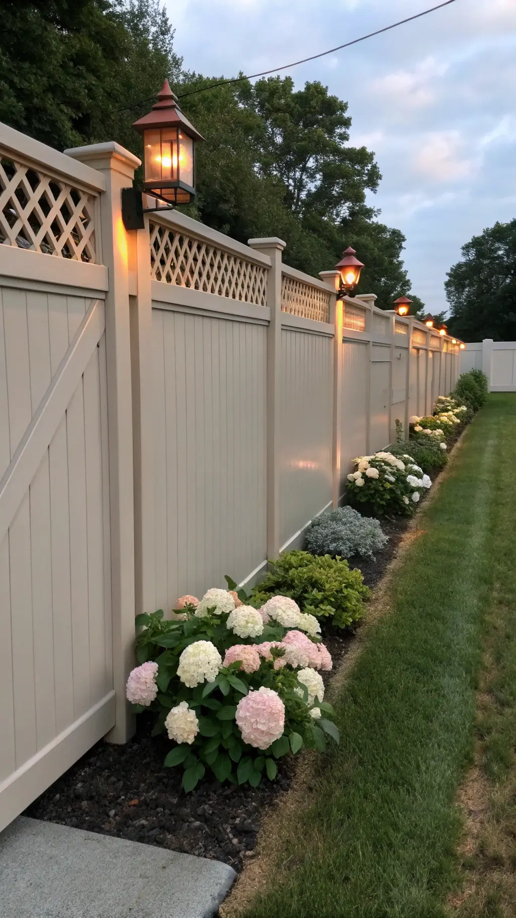 greige vinyl privacy fence with lattice top and copper solar light post caps, row of hydrangeas at the base, professional landscape lighting, shot magic hour for depth dimension