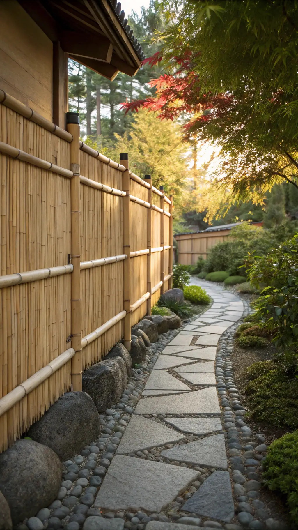 stone path and japanese maples in zen garden with bamboo panel fence morning light