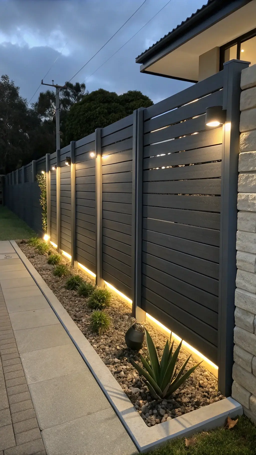 graphite gray composite fence with steel post accents, hidden led lighting, and minimal succulent garden, showcased from multiple angles