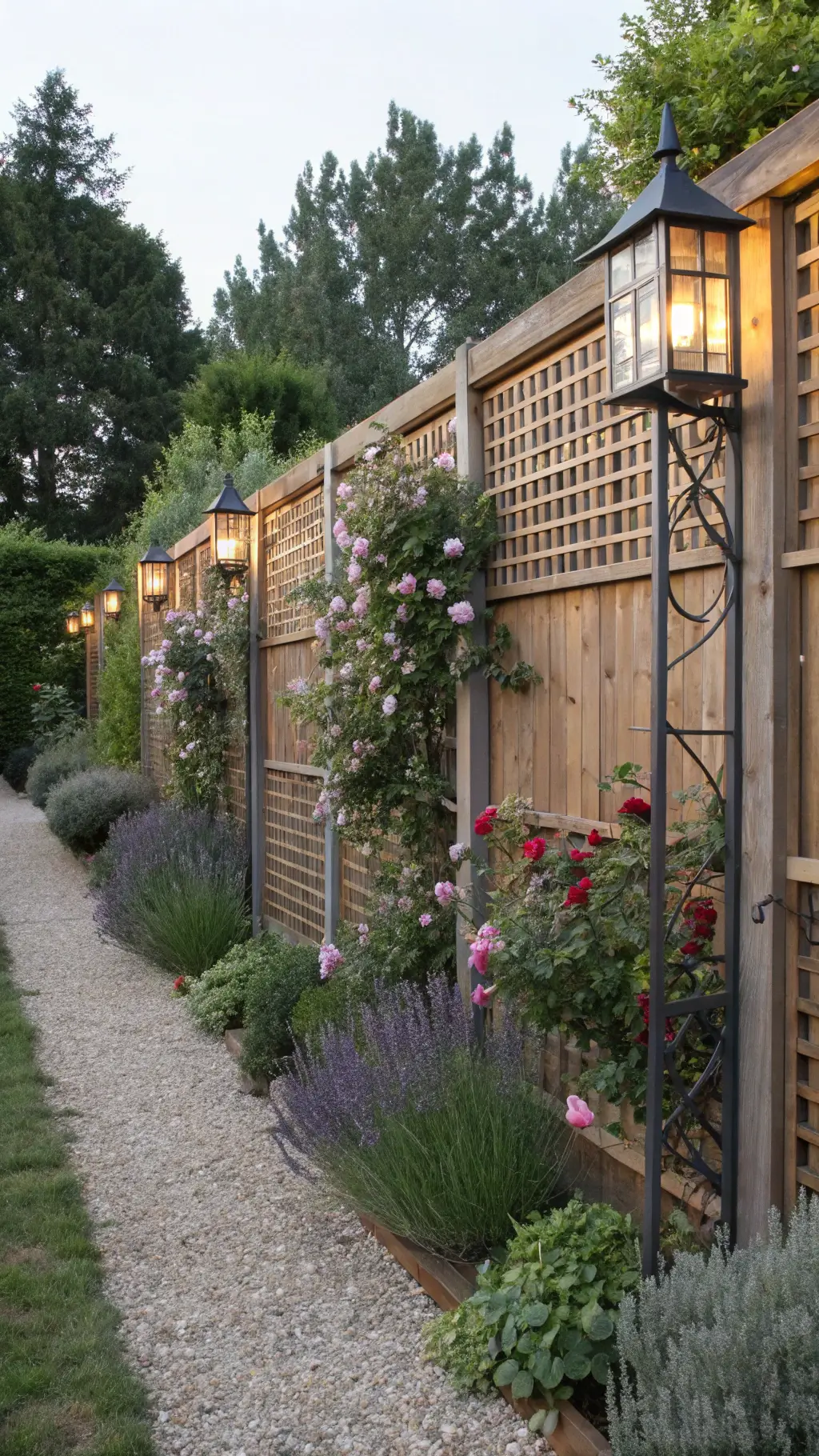 cottage garden with cedar lattice panels, metal frame inserts, climbing roses, clematis, vintage lanterns, gravel path, and lavender border at golden hour