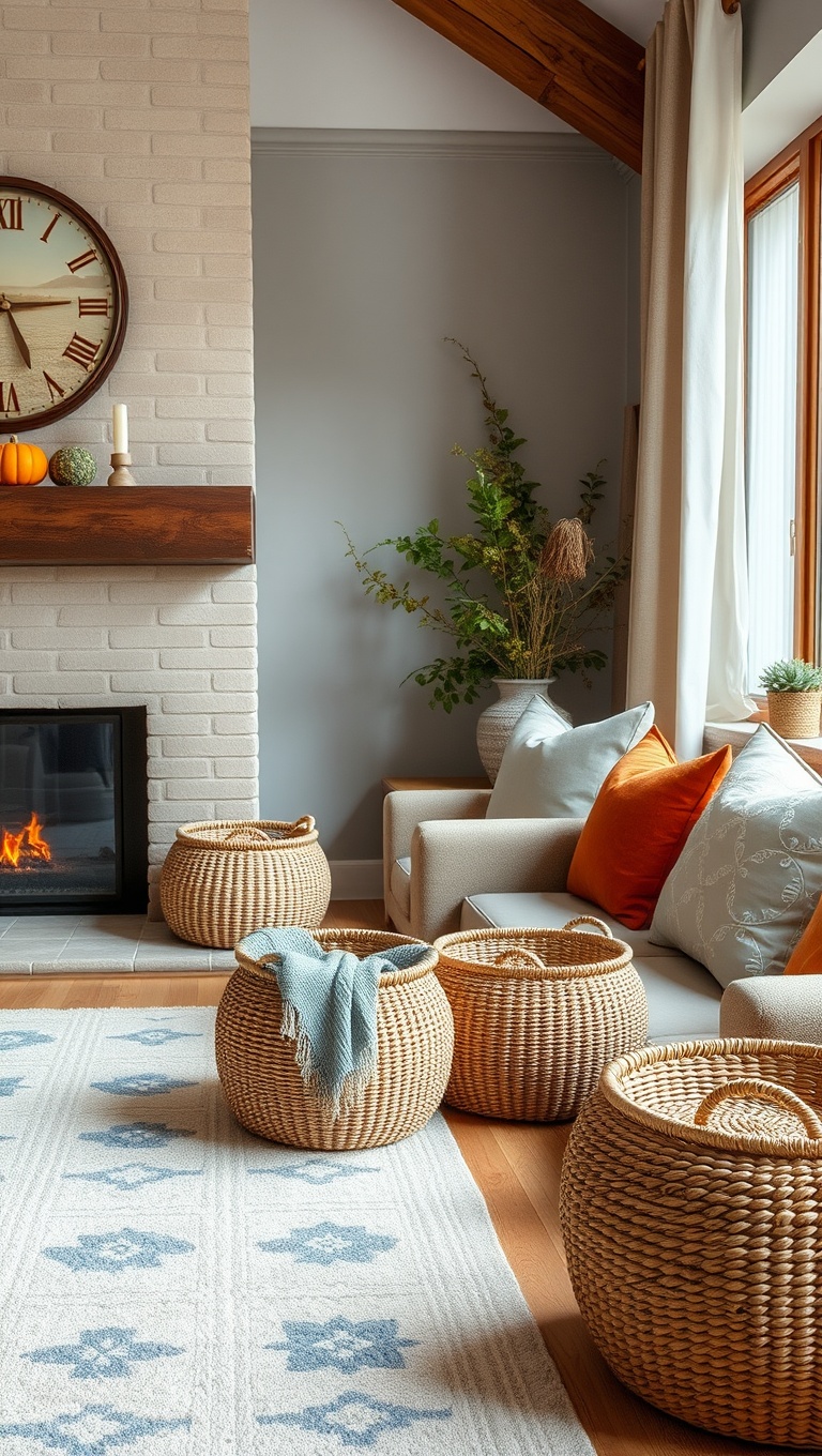 25 Cozy Ideas to Transform Your Living Room for Autumn - 13. Woven Baskets for Storage