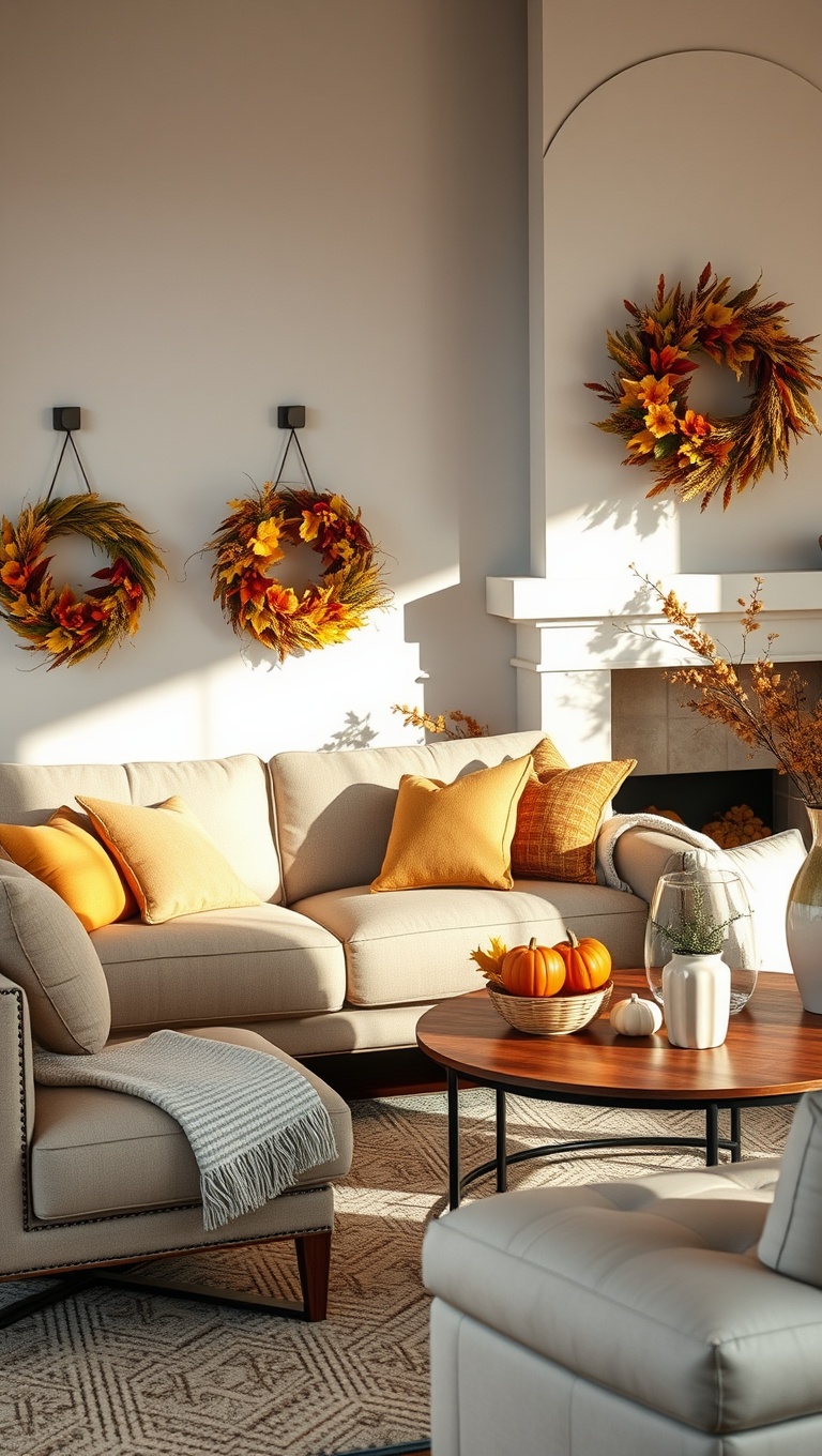 25 Cozy Ideas to Transform Your Living Room for Autumn - 16. Elegant Harvest Wreaths