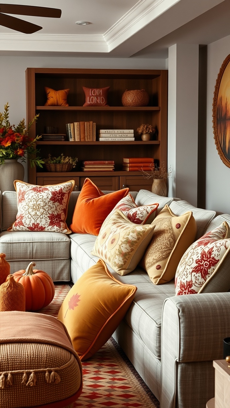 25 Cozy Ideas to Transform Your Living Room for Autumn - 23. Decorative Cushions in Fall Colors