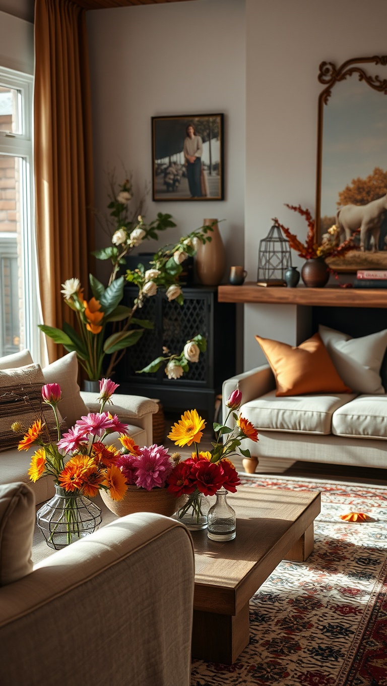 25 Cozy Ideas to Transform Your Living Room for Autumn - 20. Colorful Fall Flowers