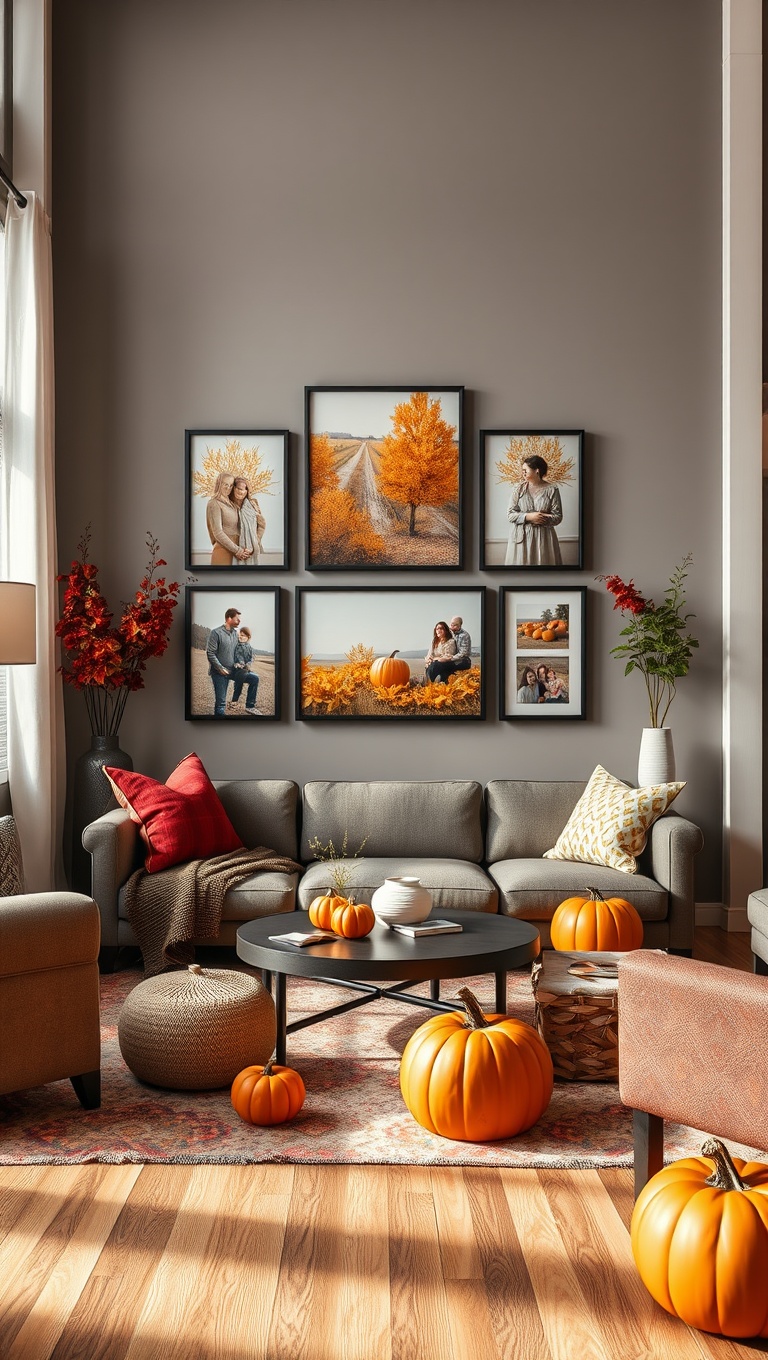 25 Cozy Ideas to Transform Your Living Room for Autumn - 25. Family Photo Displays with Fall Themes