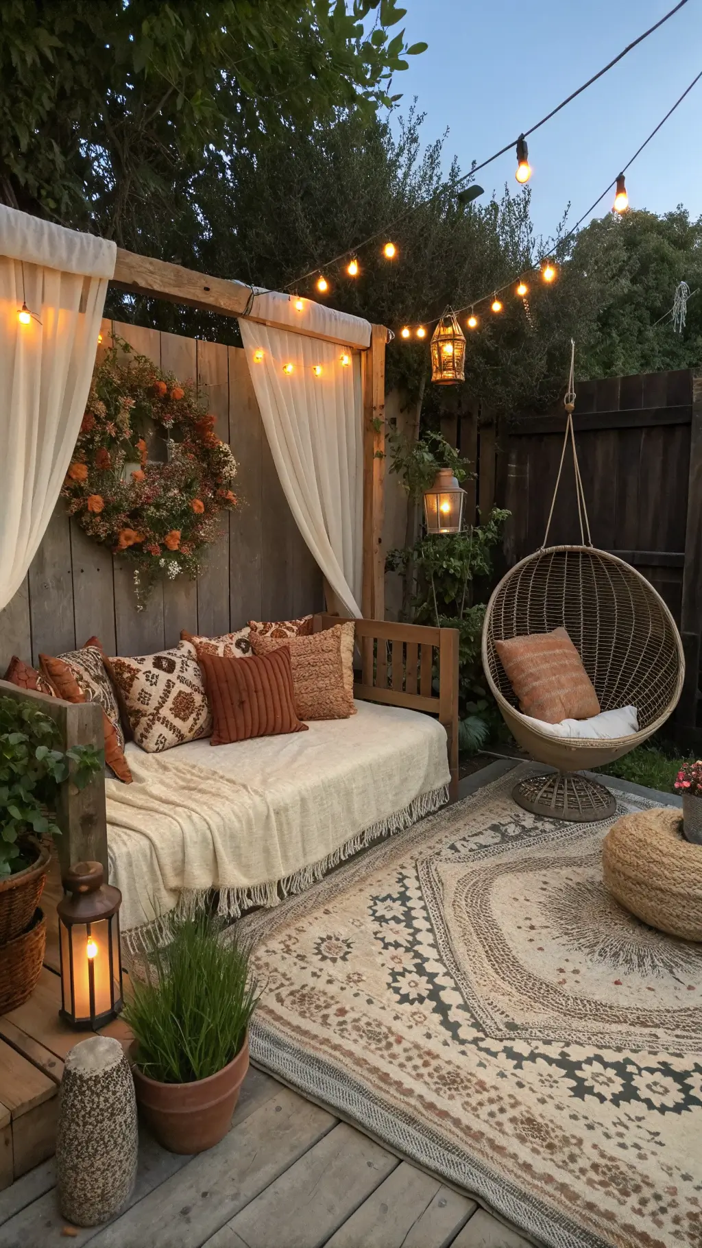 bohemian garden nook at dusk with wooden daybed, cream macramé, rattan chair, terra cotta pots wildflowers, moroccan lanterns, and copper string lights on a jute rug