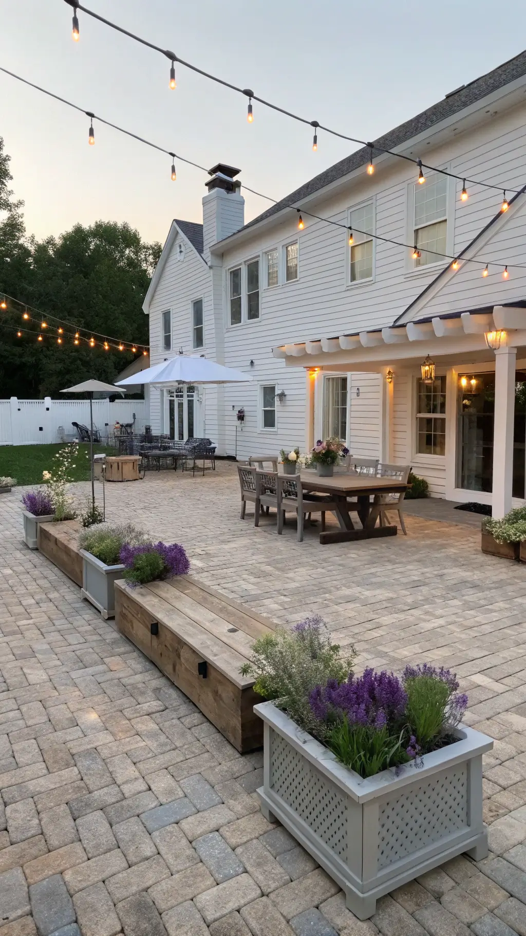expansive farmhouse-style outdoor entertaining space featuring a reclaimed wood dining table, galvanized metal planters with lavender, string lights, and vintage umbrellas, shot mid-morning soft color palette of whites, greys, purples