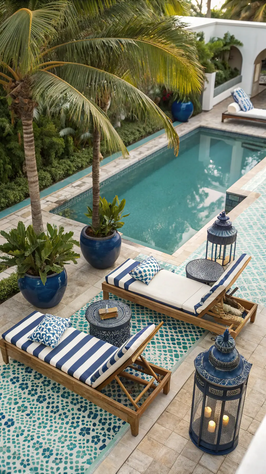 tropical poolside lounge area with turquoise mosaic tile surround, teak chaise lounges navy and white striped cushions, blue ceramic planters birds of paradise, brass accent tables hurricane lanterns, shot at midday pool-reflected light