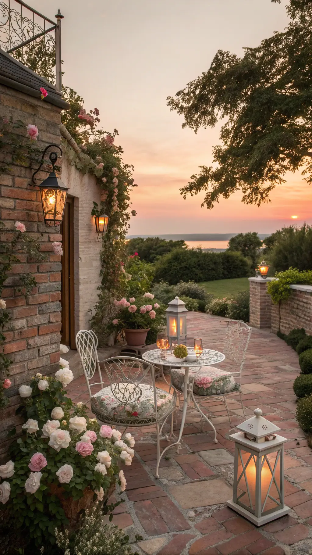 vintage garden terrace at sunset featuring painted iron bistro set, copper rose trellises, antique zinc planters with hydrangeas, and mercury glass lanterns on a stone pathway, surrounded by weathered brick walls in palette of soft pinks, creams, tones romantic backlit glow