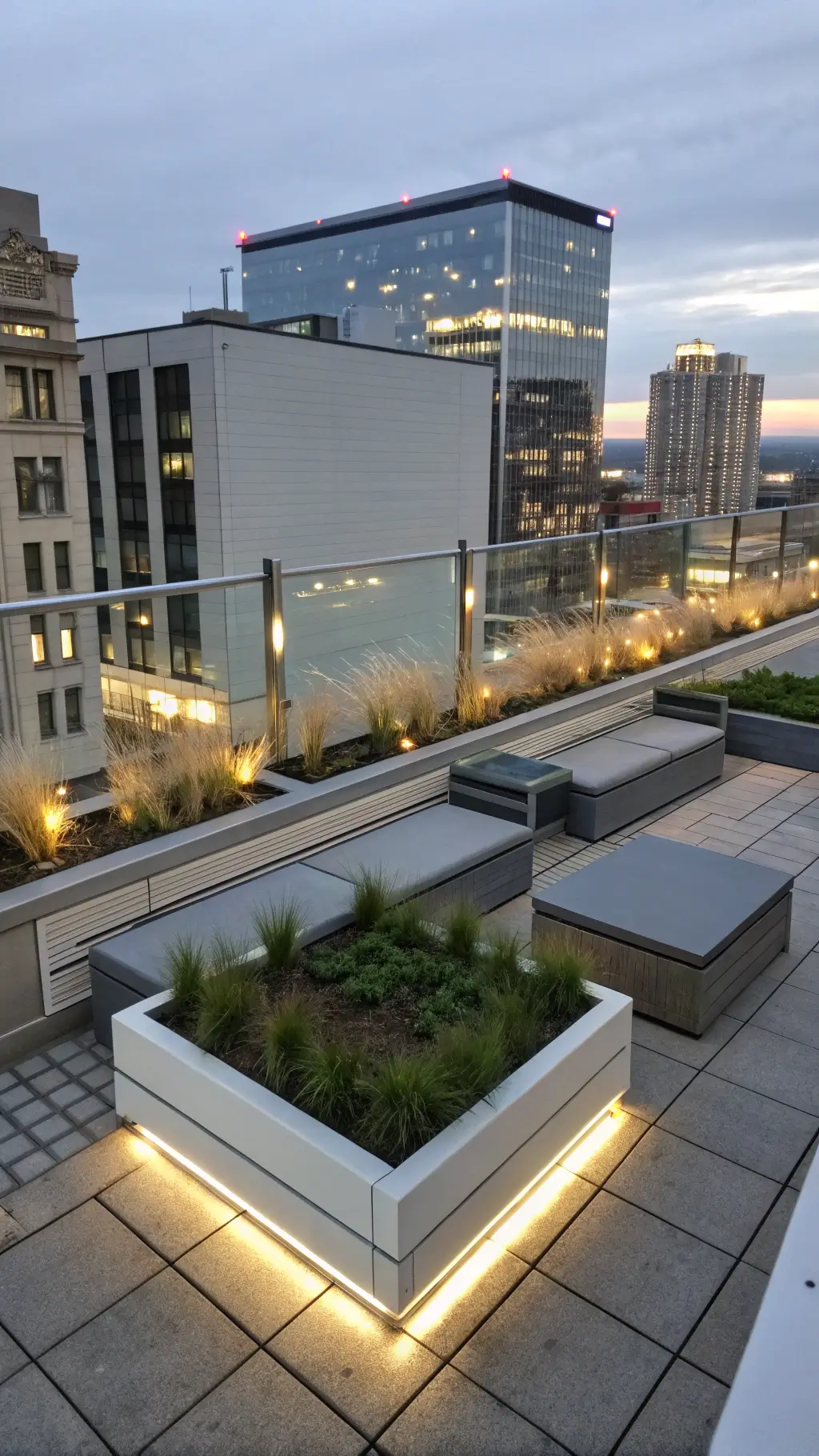 rooftop deck at dusk with grey modular seating, steel planters led-lit grasses, glass wind barriers, large format porcelain tiles, and a palette of charcoal, silver, white, green