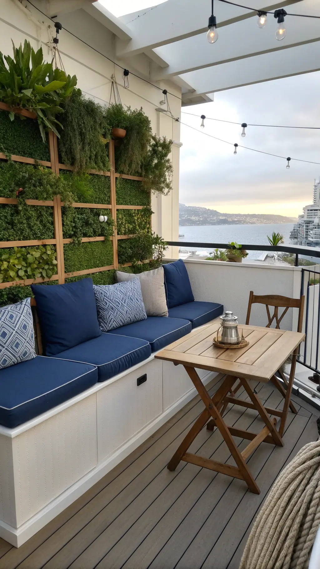 early morning view of a cozy 10x12ft balcony retreat featuring built-in bench with coastal blue cushions, folding cafe table, vertical garden wall, marine-grade rope details, brass accents in white, navy, and teak color scheme, photographed at f 2.8 soft directional light