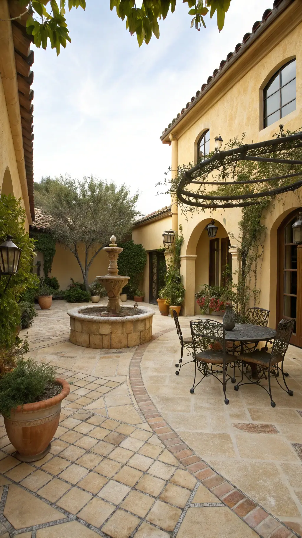 mediterranean courtyard with limestone patio, iron dining set under grape-covered pergola, terracotta pots citrus trees and herbs, stone fountain, in warm sandstone, terra cotta, olive green tones, photographed mid-afternoon at f 8