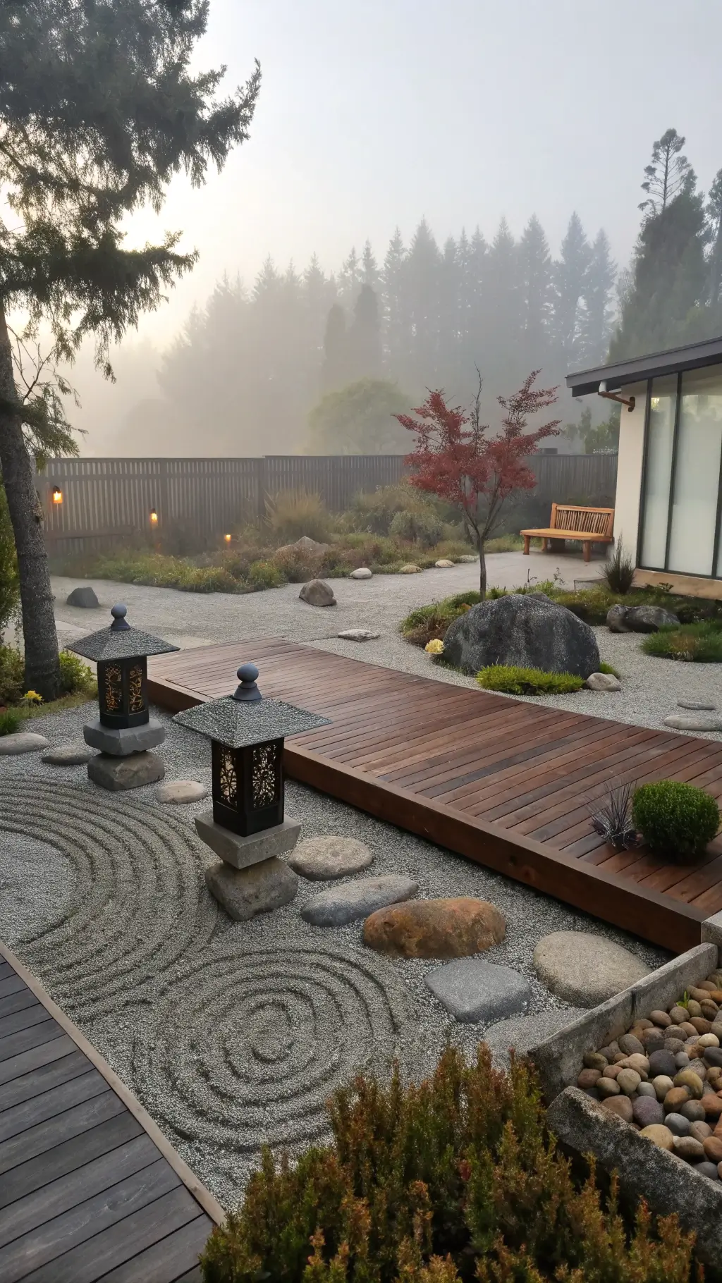 dawn view of a meticulously manicured 20x25ft zen garden featuring raked gravel patterns around floating ipe wood platforms, black concrete containers with japanese maples, minimalist teak bench, stone lanterns, and striking palette grey, brown, deep red colors, captured at f 4 morning mist