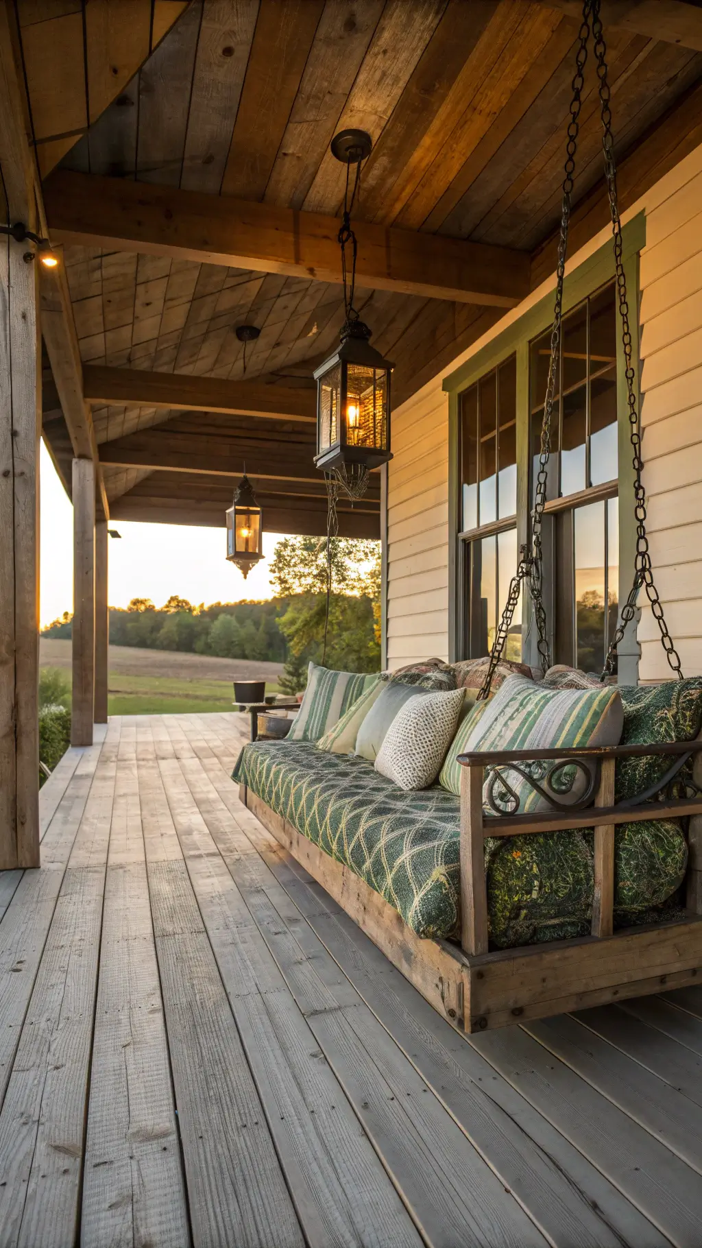 reclaimed barn wood swing bed with quilted cushions on a rustic 15x30ft covered porch during golden hour, flanked by vintage galvanized containers ferns and wrought iron lanterns hanging from exposed beams, wide plank flooring palette of weathered wood, black, sage green