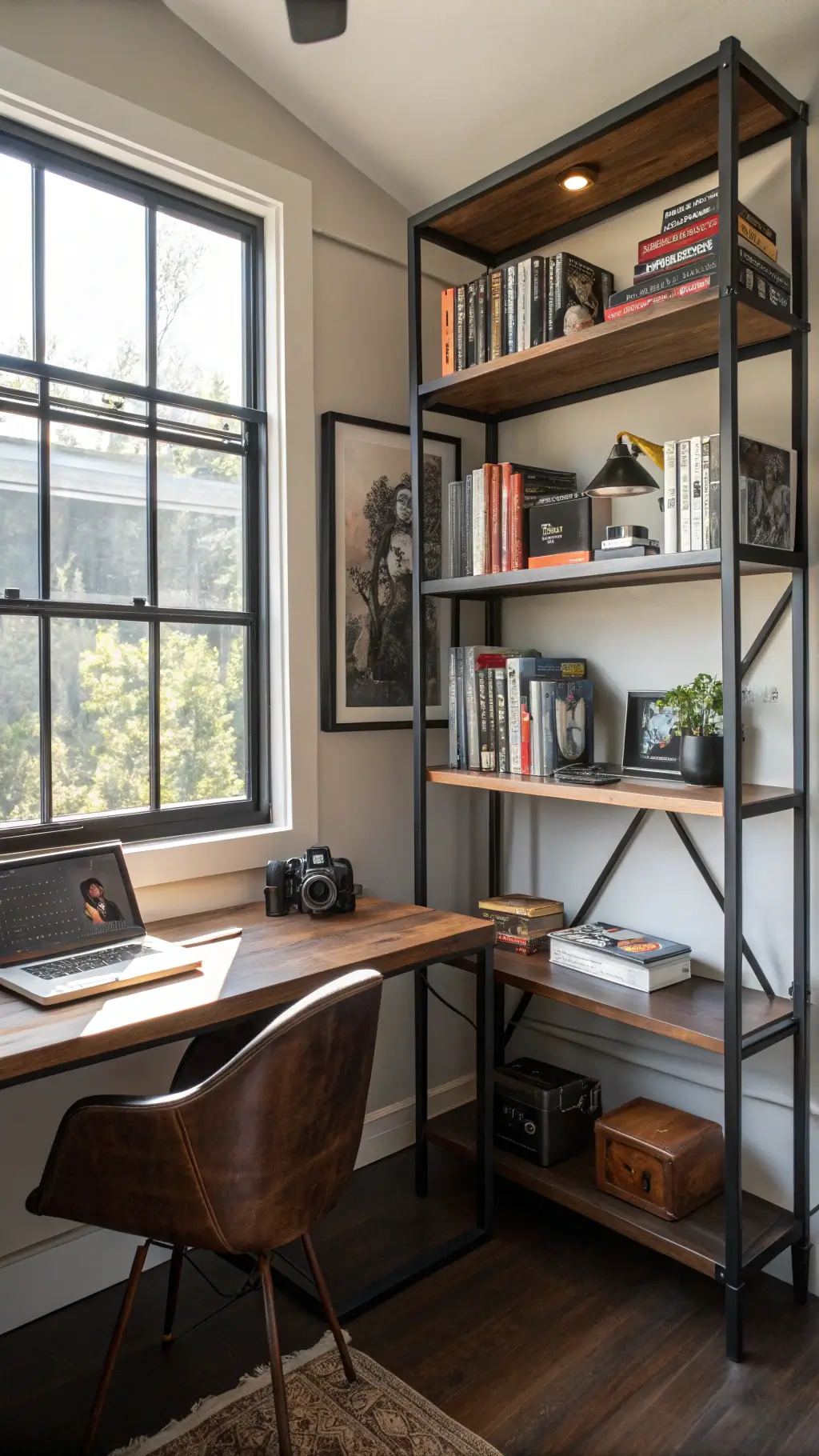 Cozy home office nook with black metal bookcase, vintage cameras, artwork, books arranged in varied orientations and a rich walnut desk, illuminated by morning light from nearby window fill light