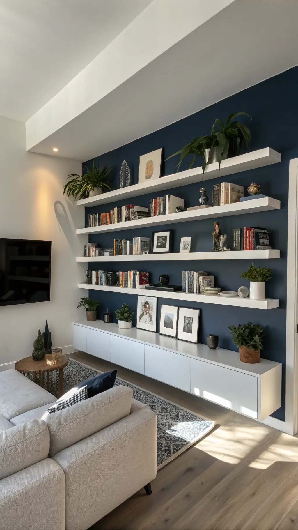 Modern living room with floating white shelves on a navy accent wall, illuminated by late afternoon lighting and decorated with art books, sculptural objects, plants, viewed from wide-angle shot.
