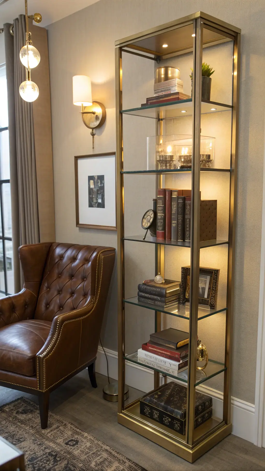 Close-up view of a compact, stylish reading corner with glass and brushed brass bookshelf illuminated by warm LED lights, filled with classic leather-bound books, small art pieces, crystal objects, next to vintage leather chair in dusk lighting.