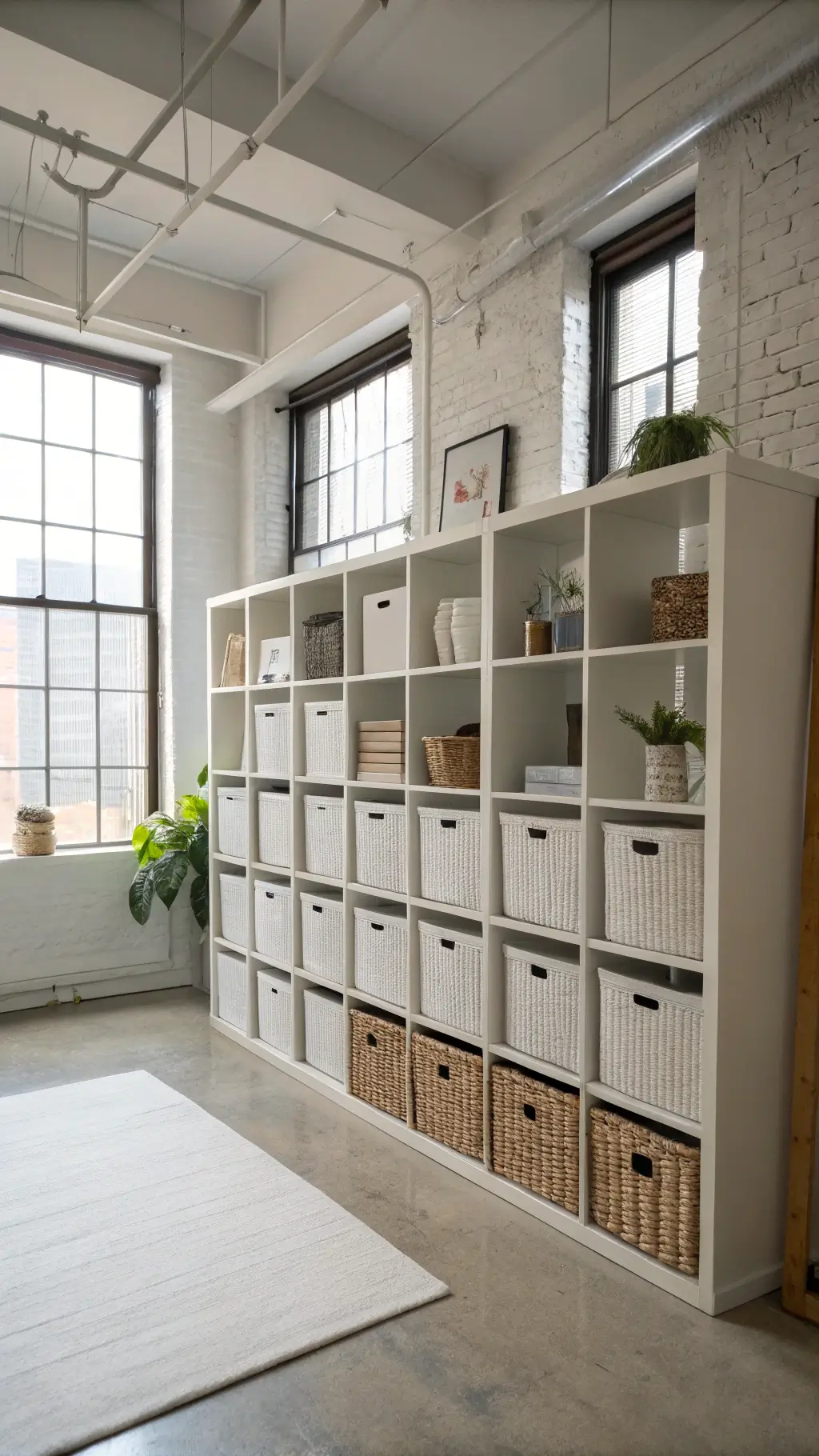 Studio apartment with white modular cube storage system on 15' wall containing woven baskets, color-coded books, and minimalist decor, under soft midday light from industrial windows, shot 35mm lens at f 8.