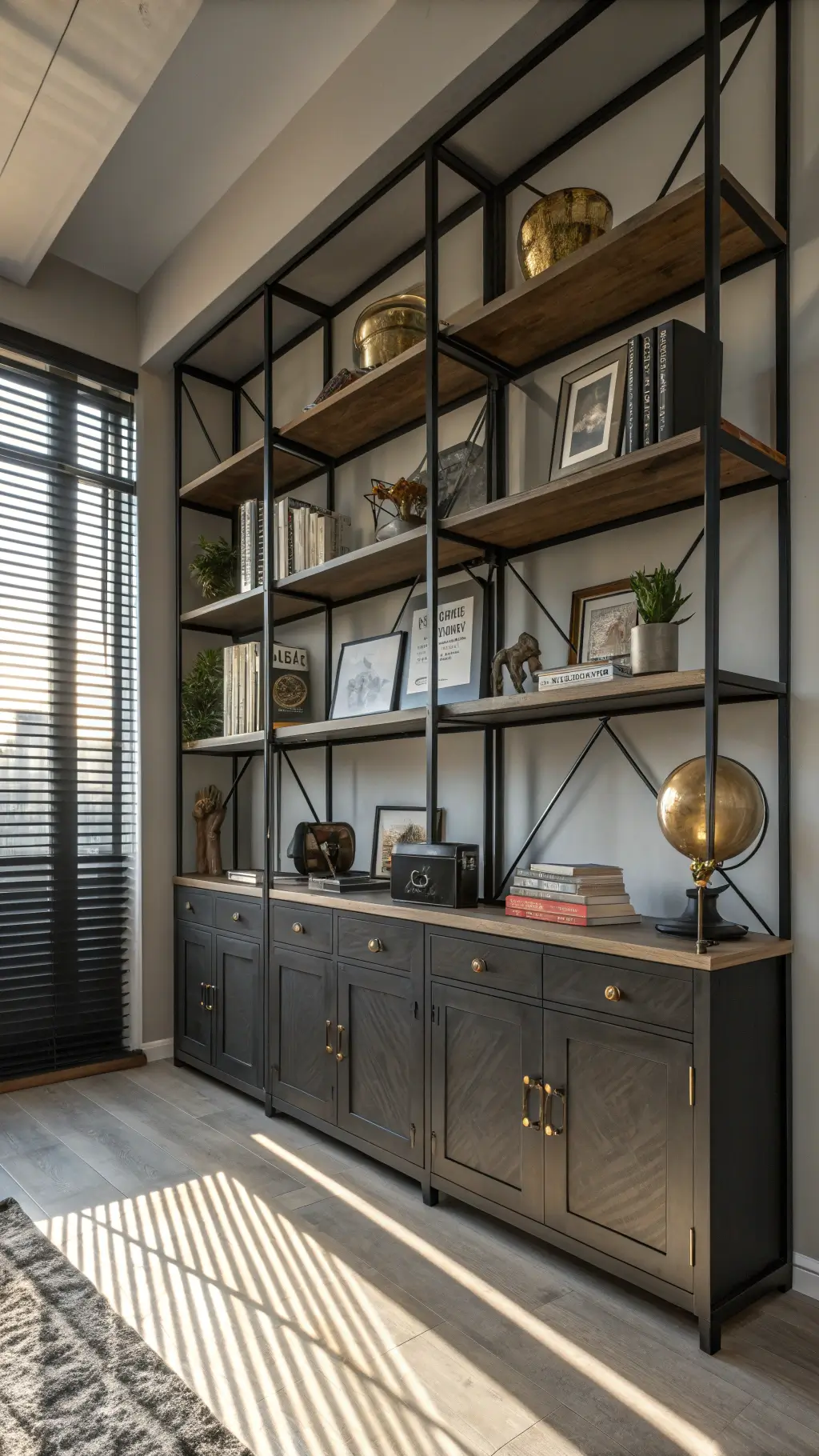 Modern home office with floor-to-ceiling black metal and reclaimed wood bookshelf, styled with vintage globes, brass accents, bathed in afternoon light casting geometric shadows.