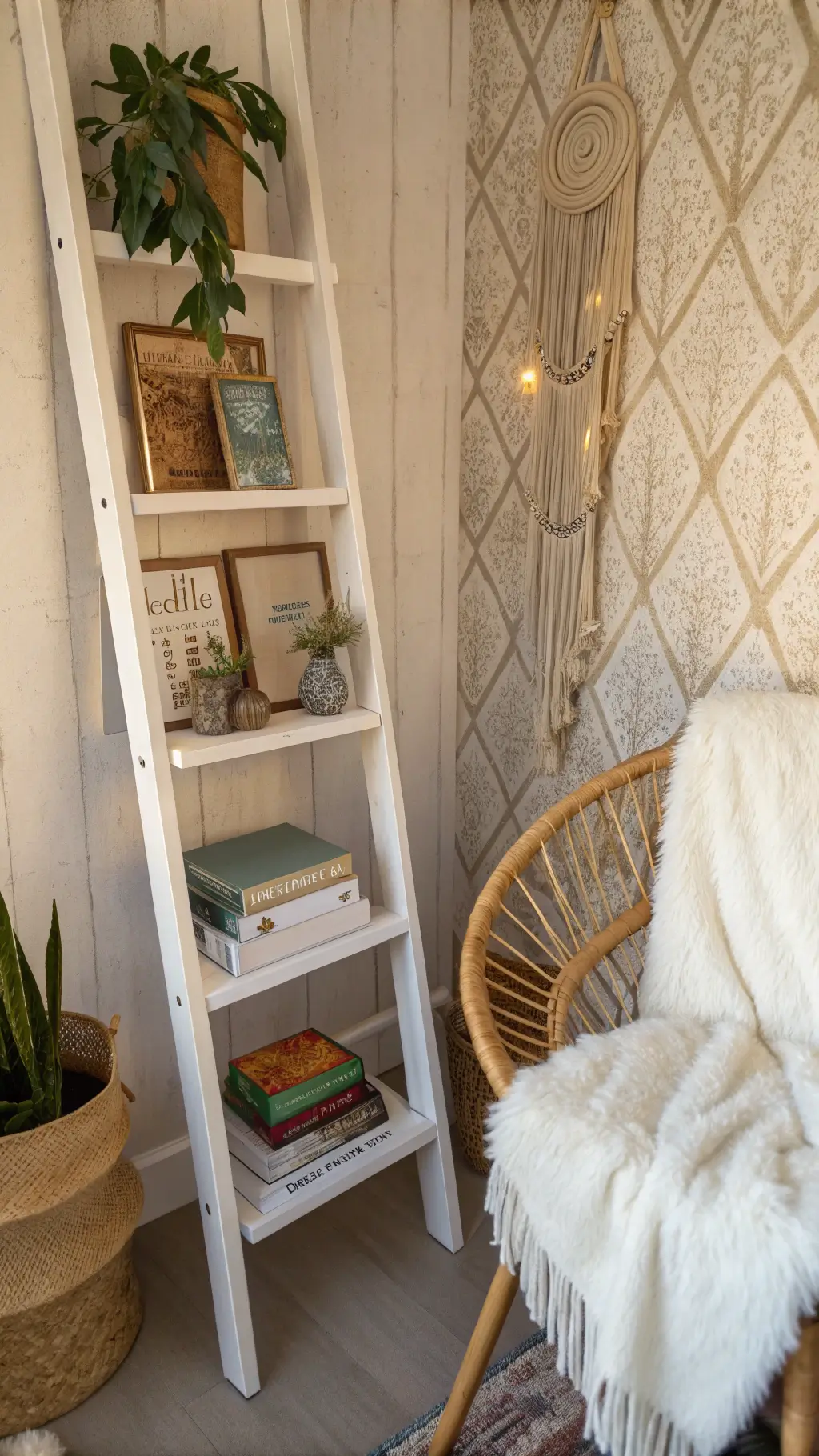 Bohemian styled reading nook with a ladder shelf, rattan chair, and sheepskin throw, lit by golden sunlight