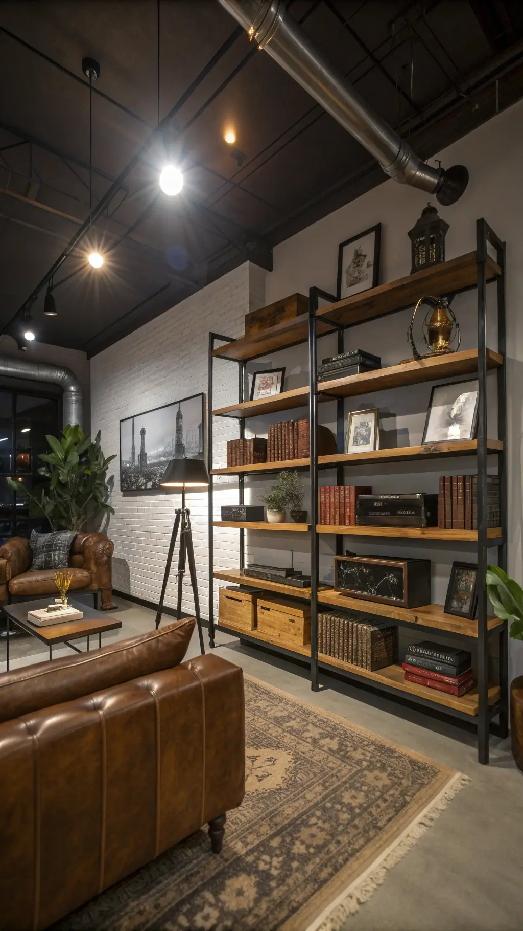 Industrial-style living room with custom steel pipe and wood plank shelving, moody evening lighting, vintage decor viewed from a low angle