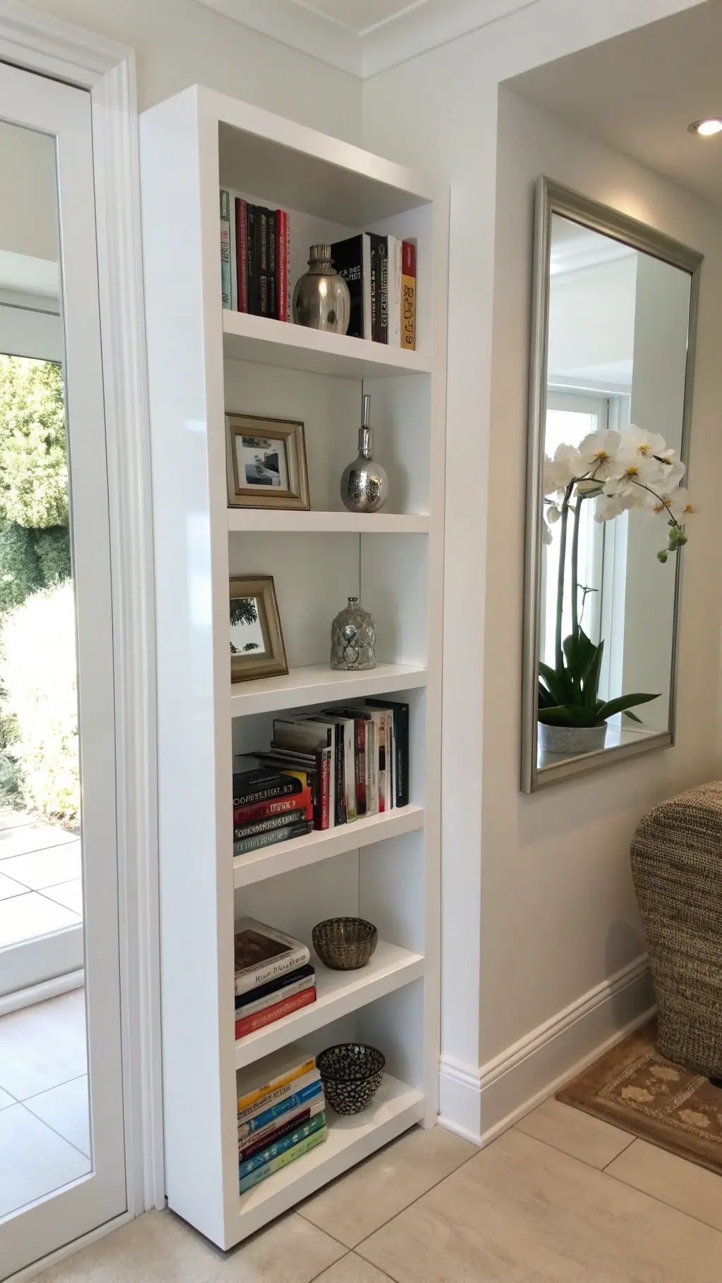 Bright minimalist entryway featuring a vertical white lacquered bookshelf, selected coffee table books, single orchid, metallic objects, and mirror creating an illusion of space, captured in midday light through 24mm lens at f 8.