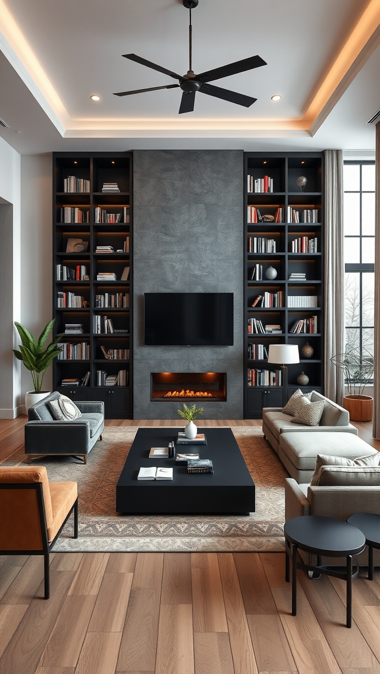 25 Fabulous Ideas to Transform Your Big Living Room into a Dream Space - 12. Utilize Vertical Space with Tall Bookcases