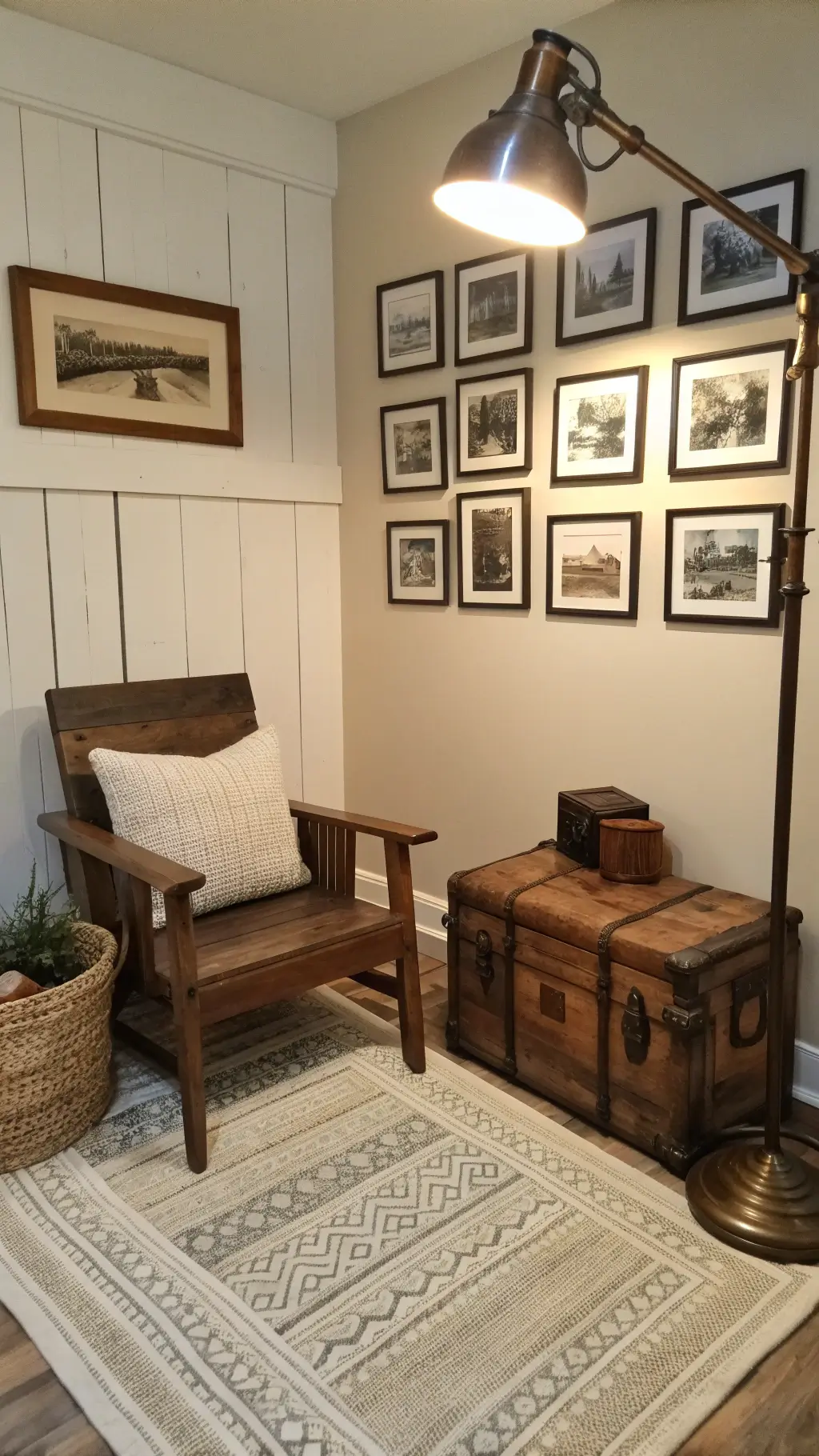 Intimate reading nook with weathered oak chair, bronze floor lamp, black and white photo gallery, wool rug, antique trunk side table photographed at dusk.