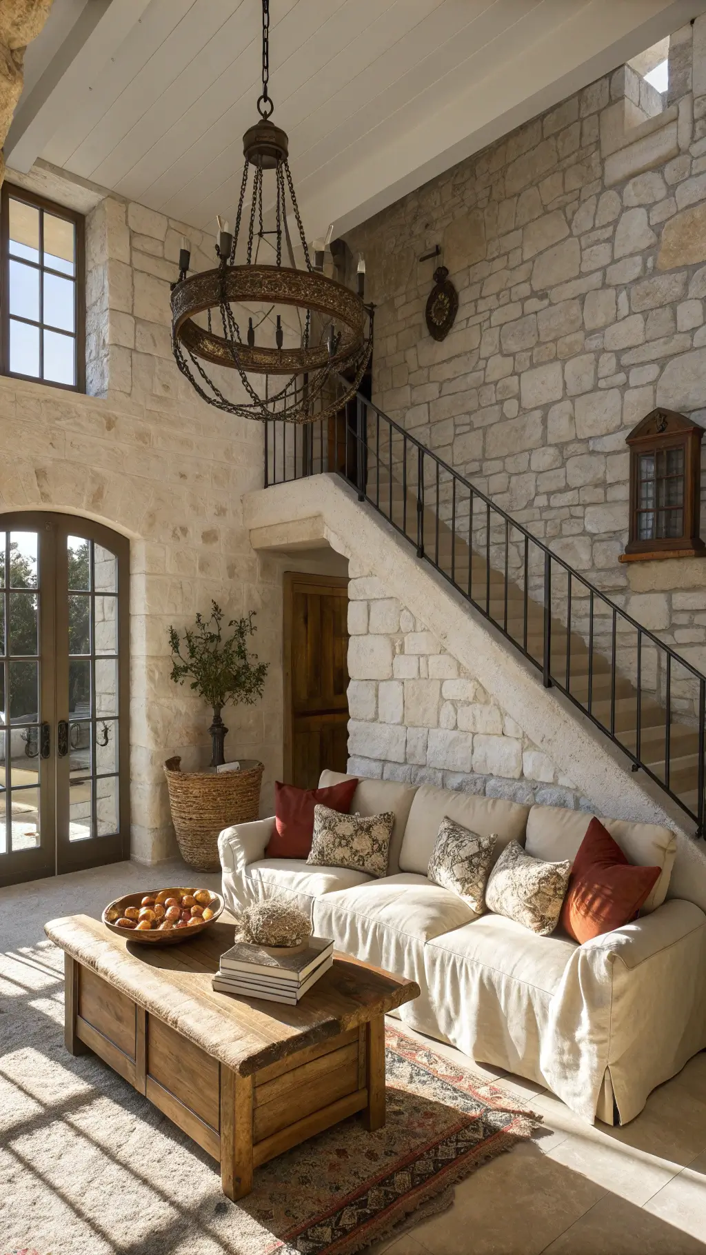 Sunlit 18x20ft great room featuring a whitewashed stone accent wall, oatmeal-colored linen sofa with vintage pillows, primitive wooden coffee table with pottery, and iron rope chandelier, taken from an elevated angle to emphasize architectural details.