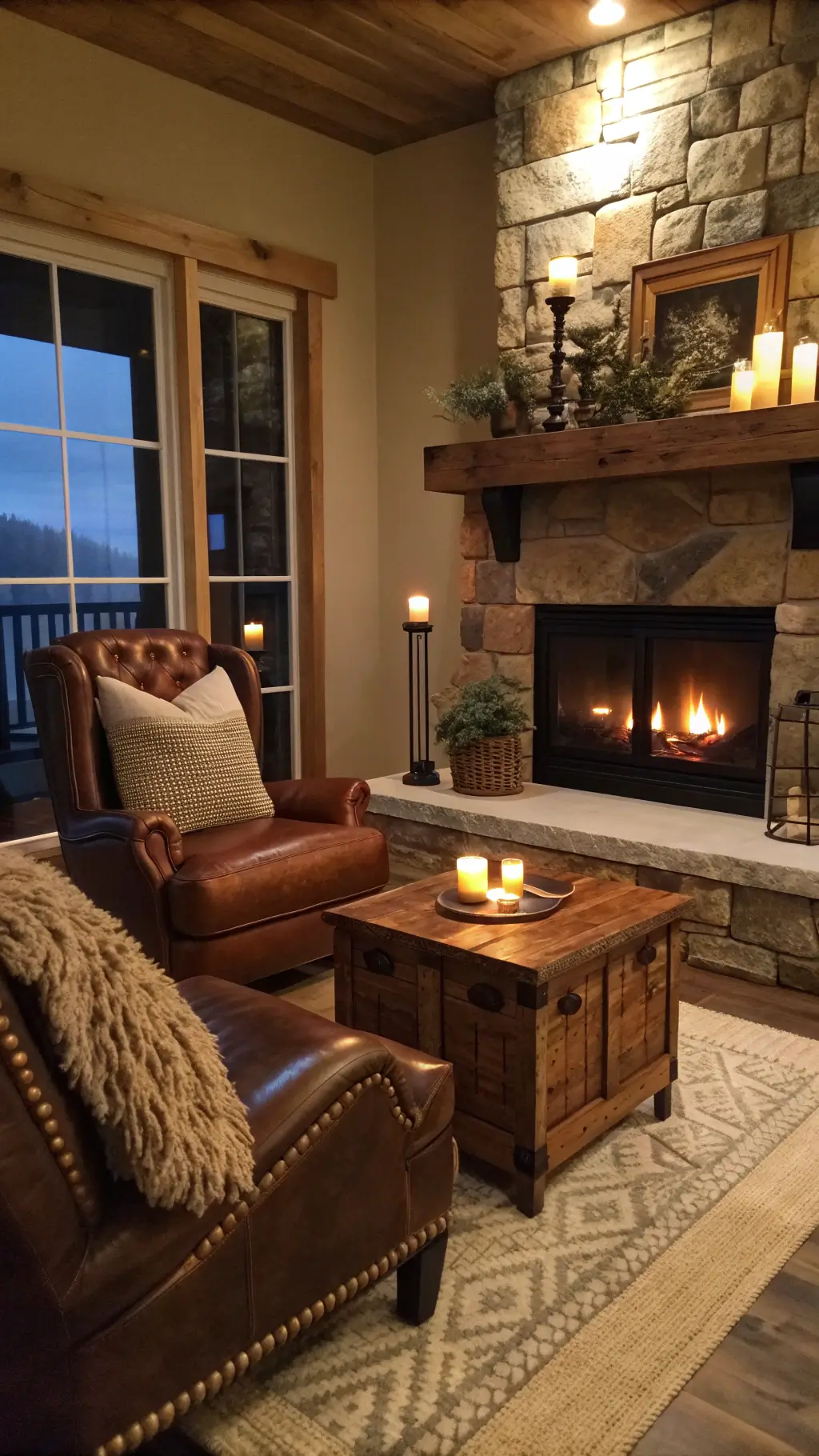 Cozy family room at twilight with glowing stacked stone fireplace, oversized leather armchair, chunky knit ottoman, and distressed wooden table candlesticks dried botanicals