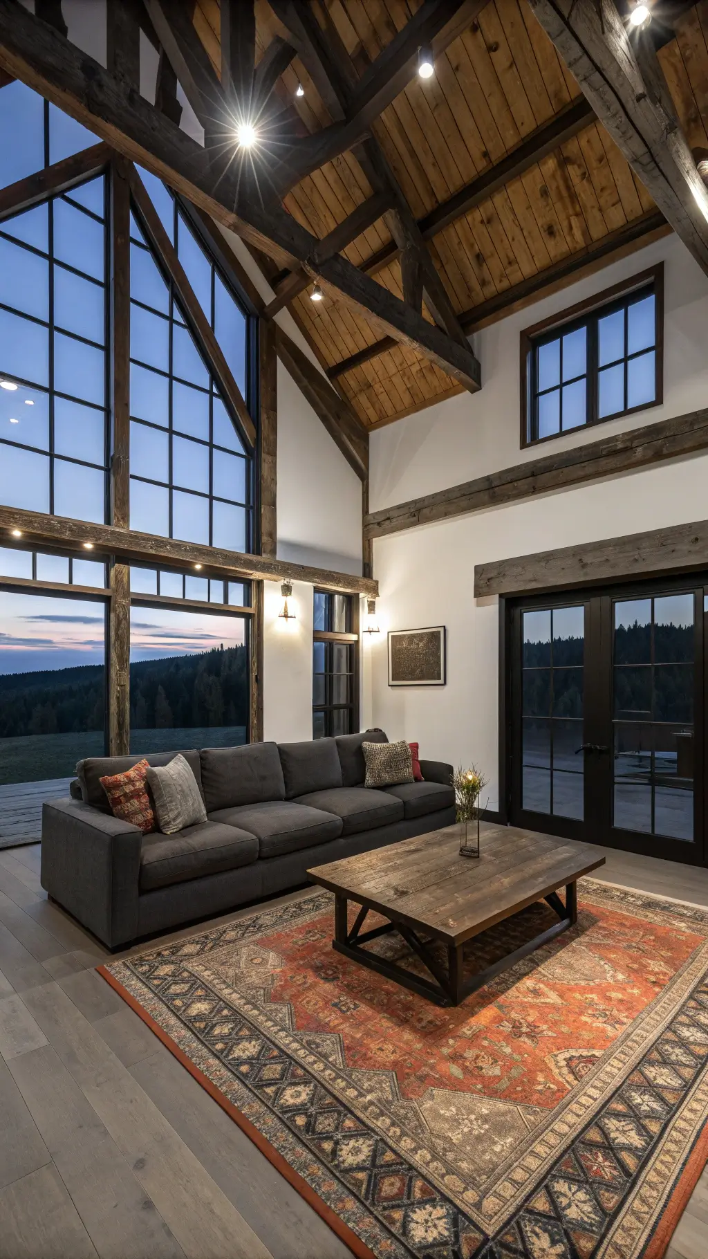 Open concept modern rustic living space with dark wooden beams, charcoal sectional, salvaged timber coffee table, vintage Turkish rug, and contrasting black white walls during blue hour