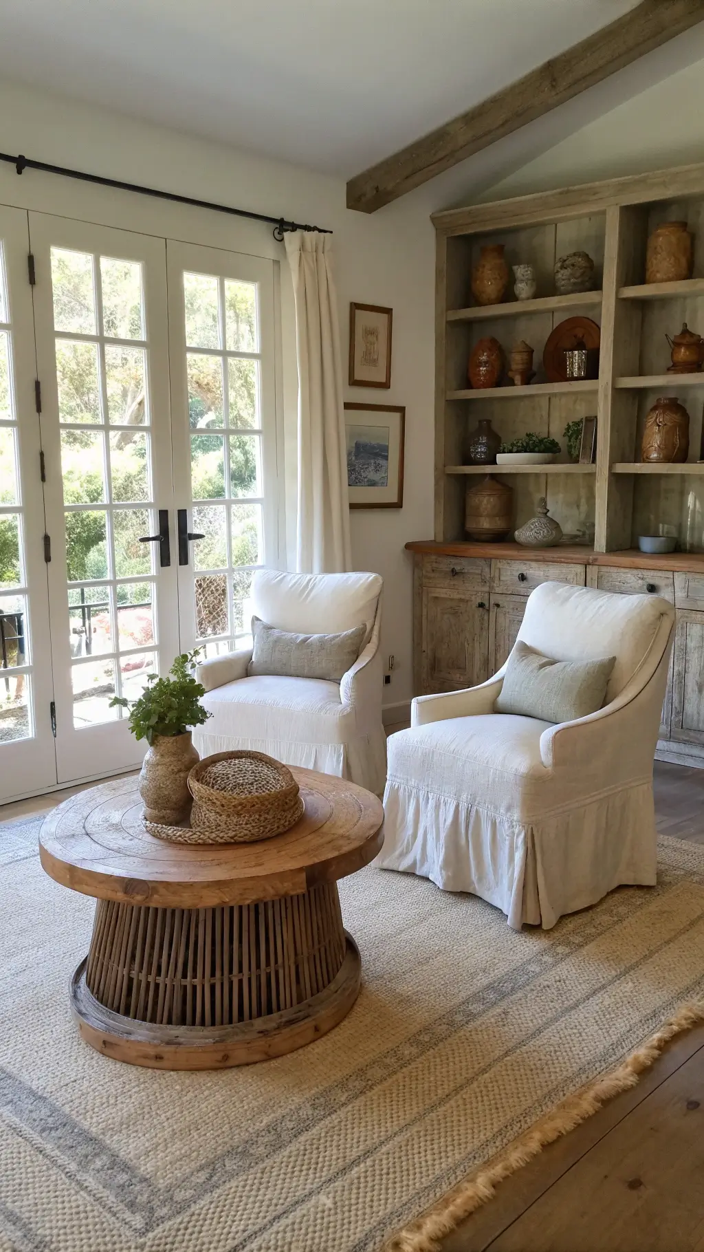 Casual sitting room with morning light streaming through french doors, featuring natural linen slip-covered chairs, a weathered oak pedestal table, a display of vintage olive jars on floating shelves, and a sisal rug with a weathered leather pouf.