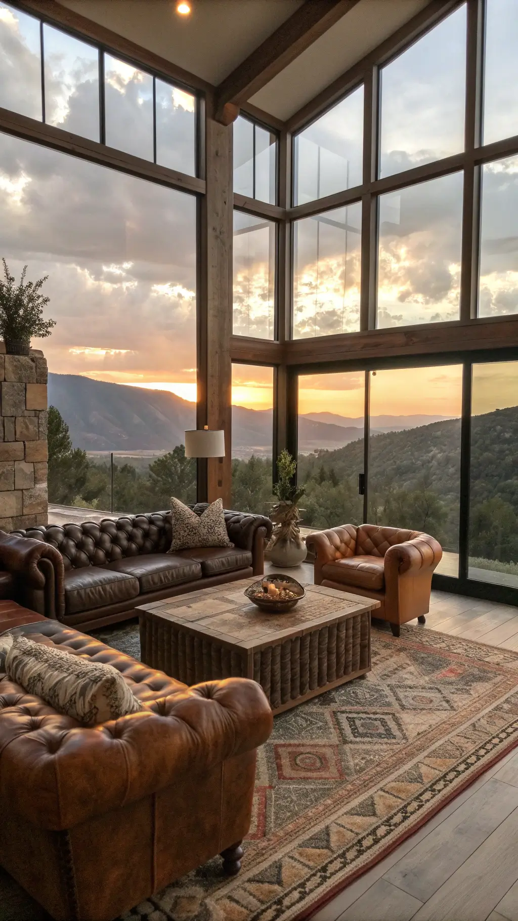 Dramatic sunset view of a spacious living room with floor-to-ceiling windows overlooking mountains, featuring massive tobacco brown chesterfield sofa, walnut slab coffee table, artisanal pottery, and geometric Navajo textiles.
