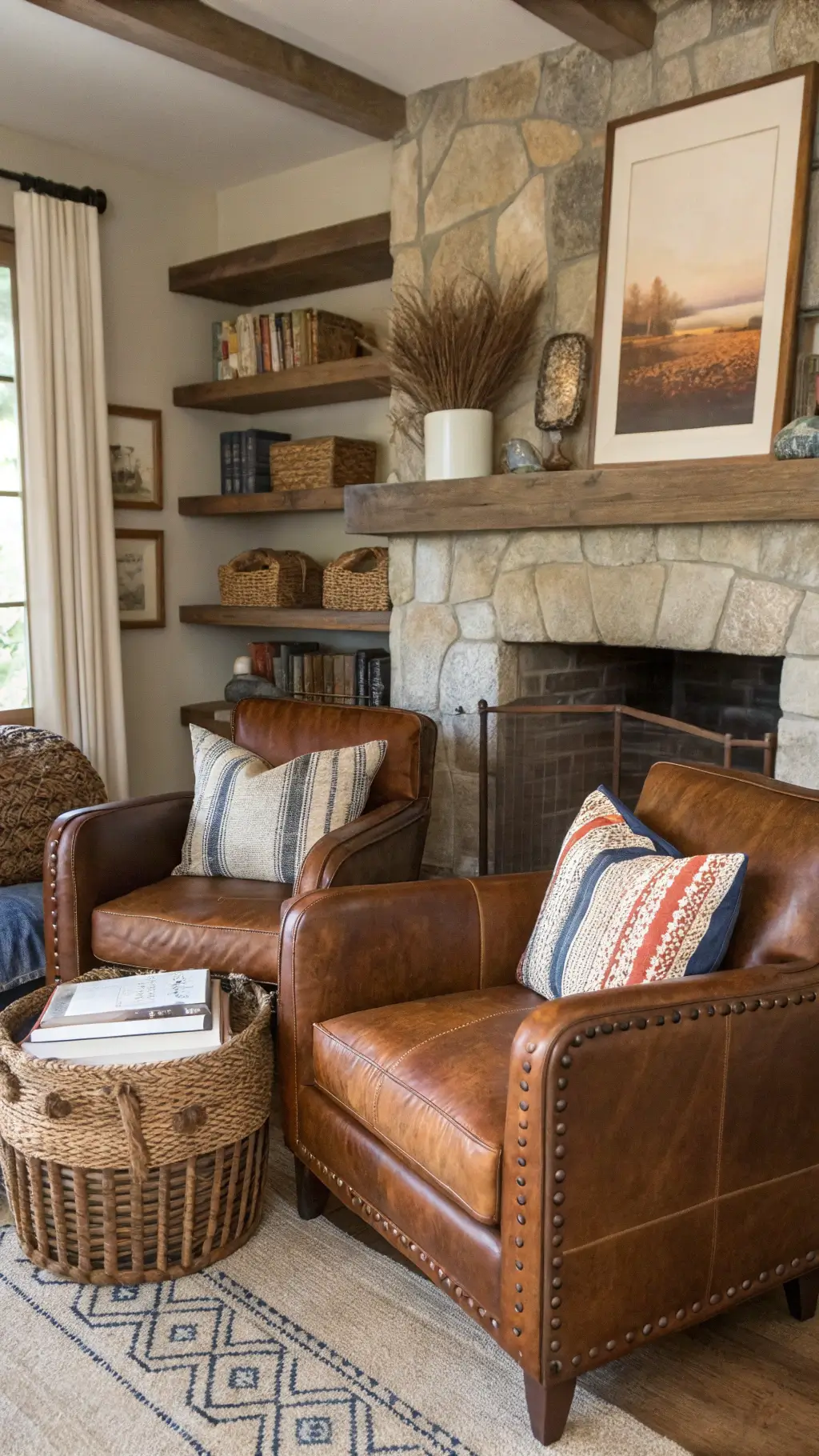 Cozy 12x14ft den with afternoon sunlight highlighting distressed leather club chairs, stone fireplace, vintage kilim pillows, raw edge floating shelves with black and white photographs, and woven seagrass baskets.