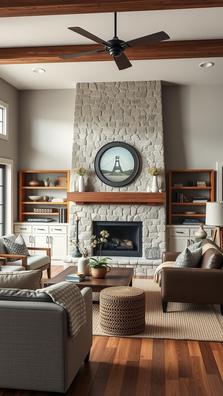 25 Charming Ideas for Your Dream Farmhouse Living Room - 5. Incorporate a Stone Fireplace
