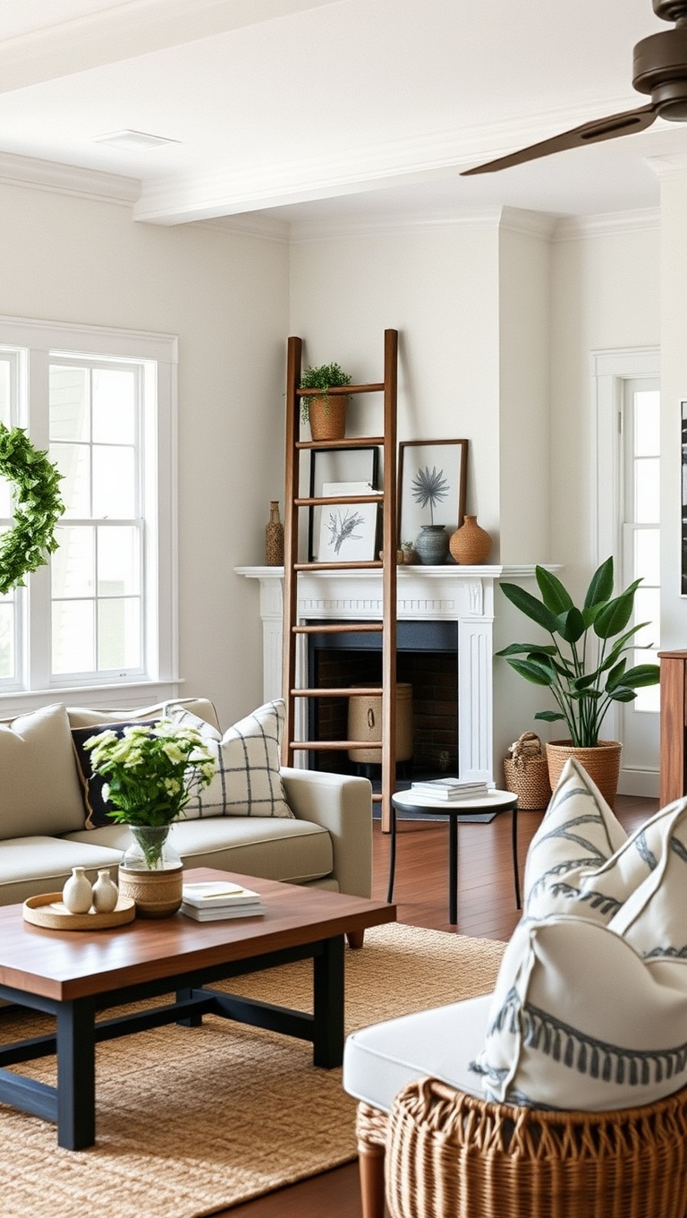 25 Charming Ideas for Your Dream Farmhouse Living Room - 17. Incorporate a Vintage Ladder as Decor