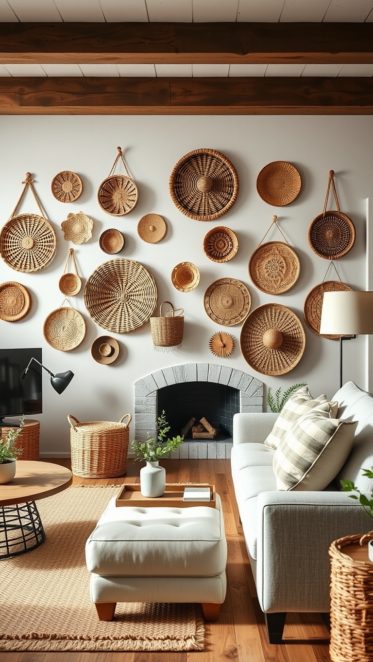 25 Charming Ideas for Your Dream Farmhouse Living Room - 18. Hang Woven Baskets on the Walls